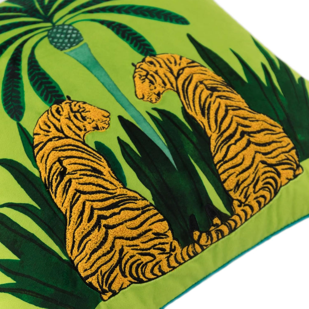Decorative Tiger Embroidered Design Throw Pillow Cover Tropical Palm Pillowcase