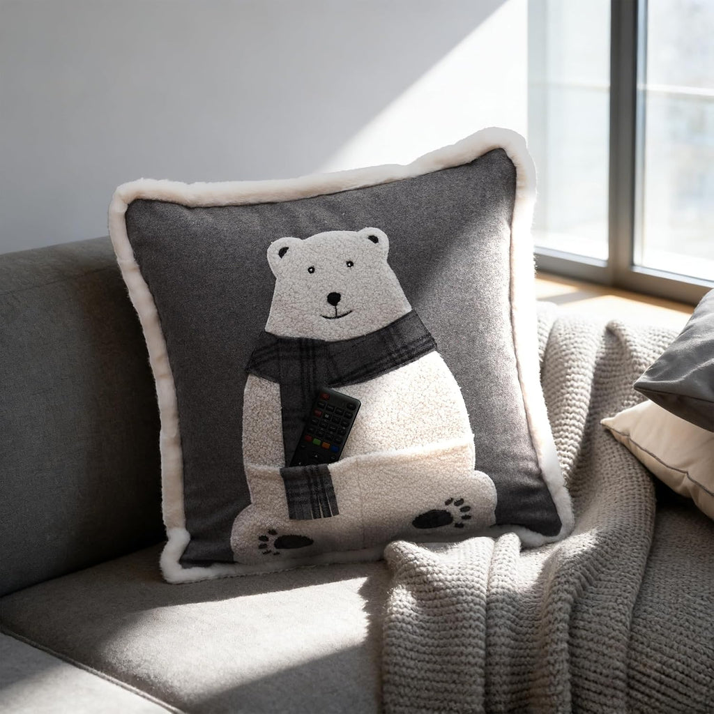 Applique Pocket Bear Throw Pillow Cover Grey Wool