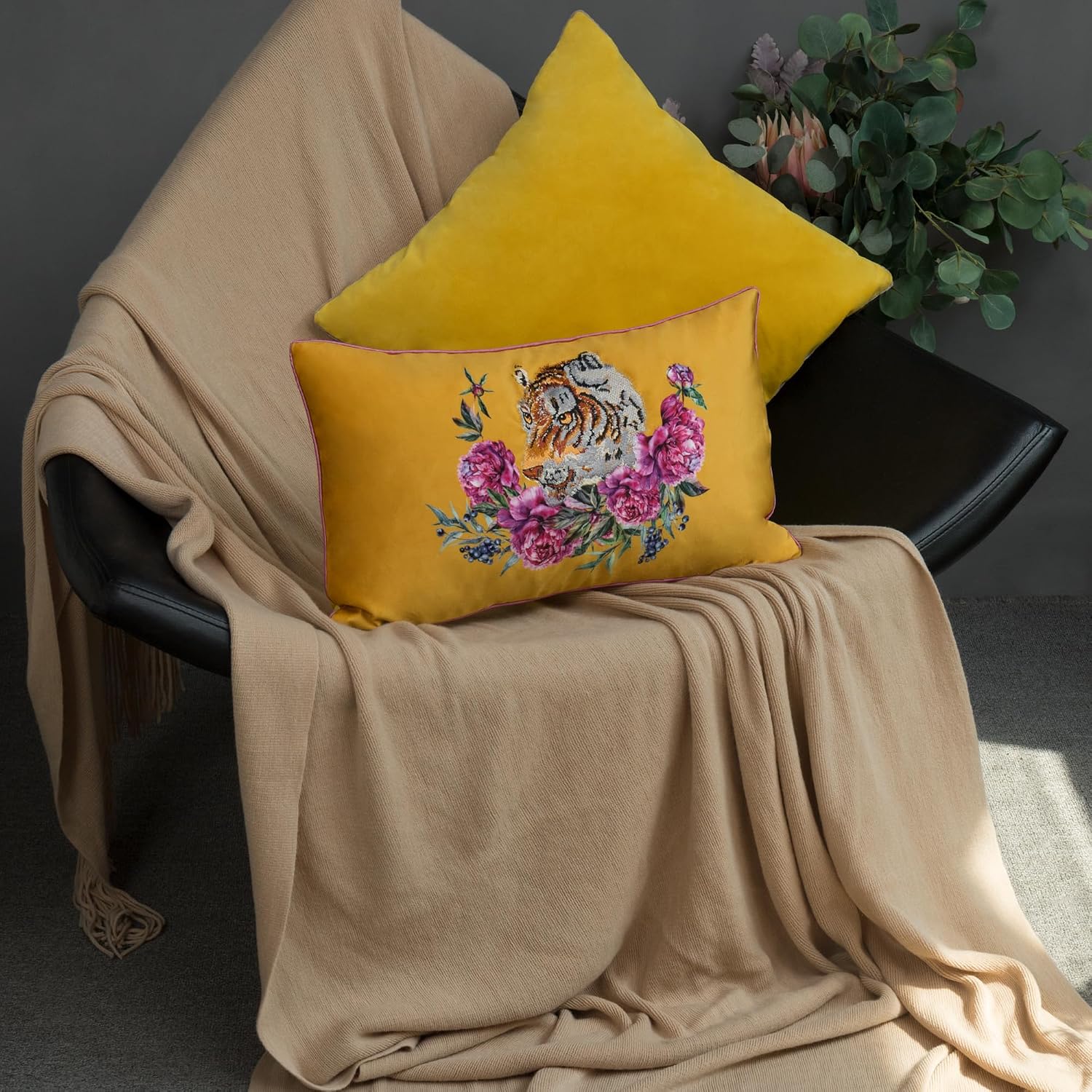 Yellow Tiger Pillow Covers Decorative Flower Embroidered Throw Pillow Colorful Accent Pillow Case Velvet Cushion Luxury Pillowcase for Bed Couch Bedroom Office Decor