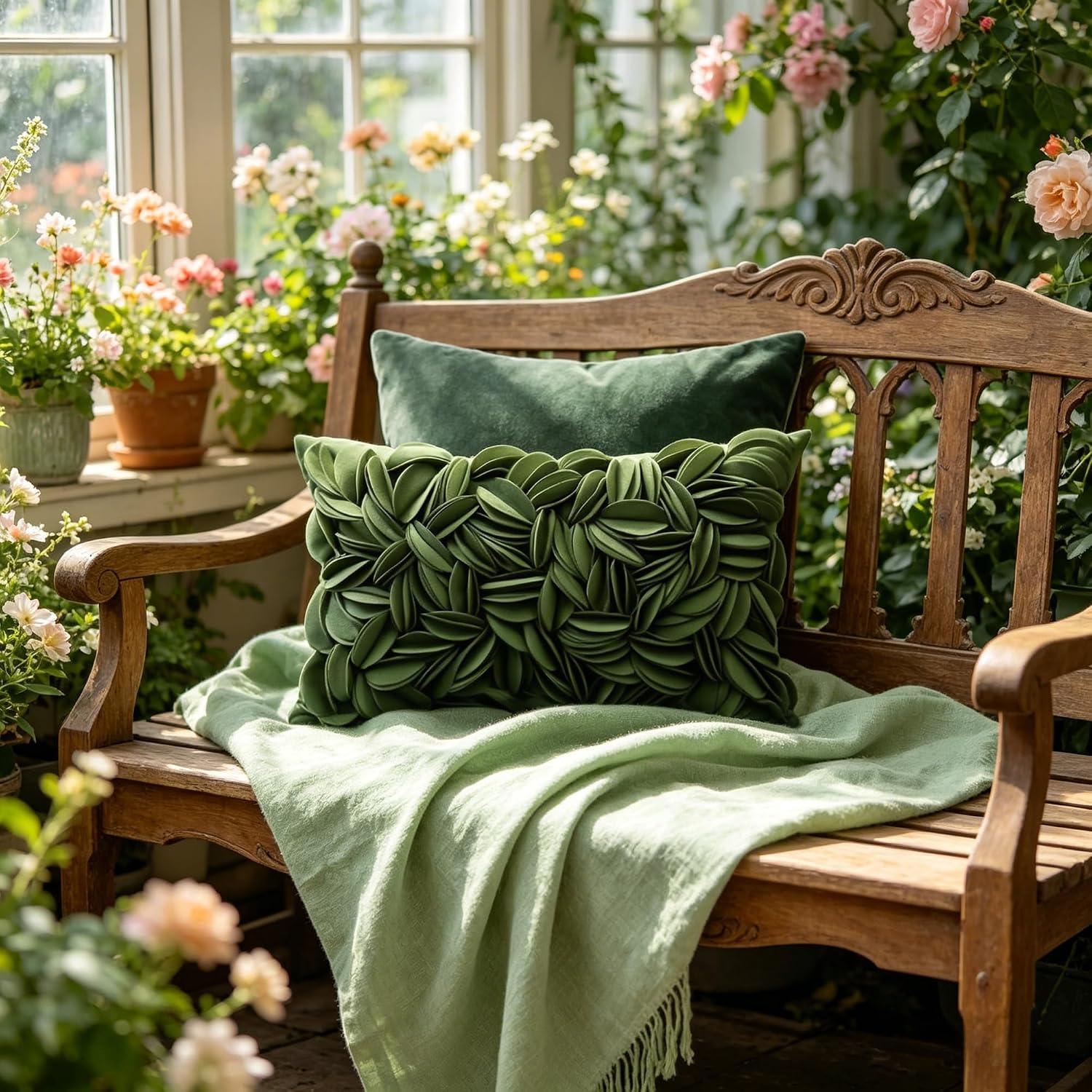 VG|grass-green-persian-velvet|Handmade 3D Floral Throw Pillow Cover