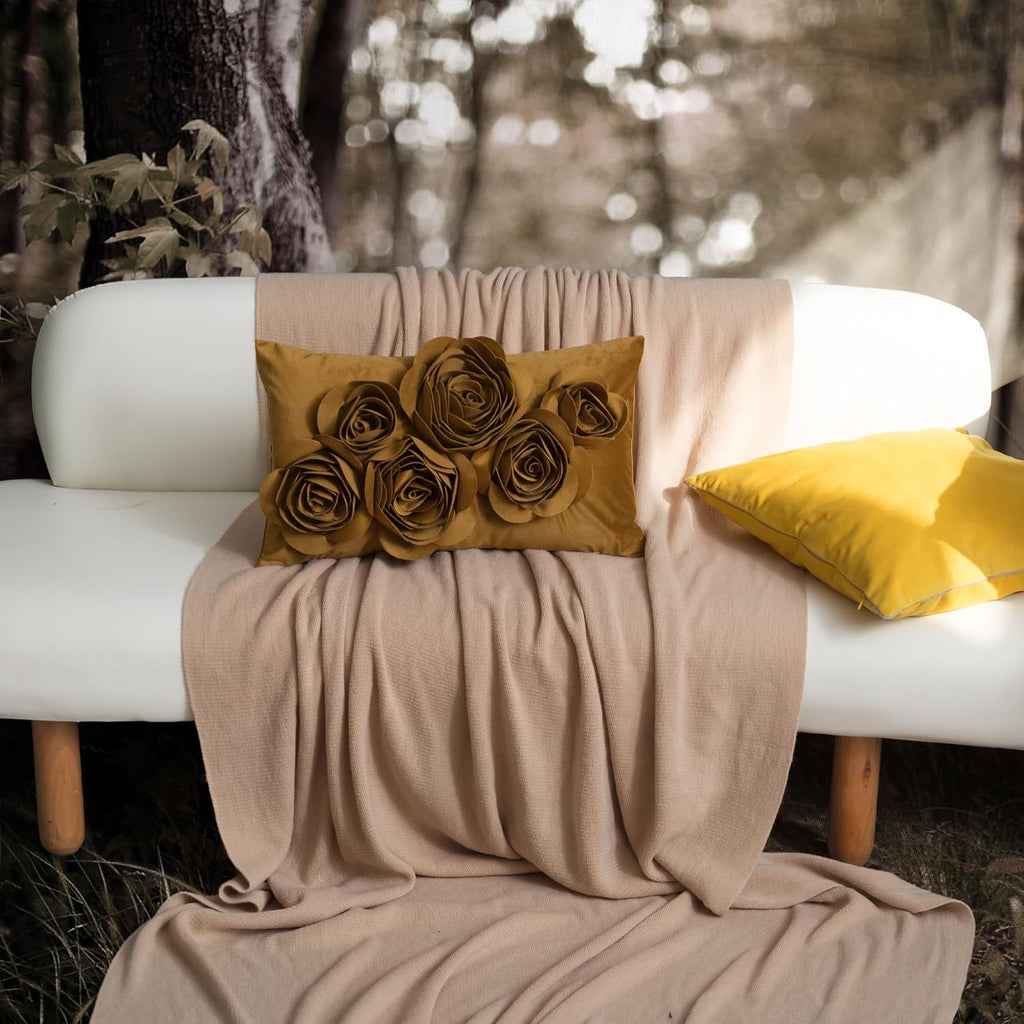 VG|mustard-brown|3D Flowers Throw Pillow Cover Decorative Soft Velvet Accent Floral Cushion Lumbar Pillowcase for Bed Sofa Couch Living Room