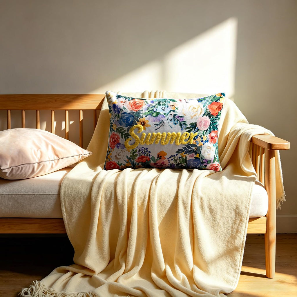 Summer Towel Embroidery Throw Pillow Cover Vintage Flower Cushion Cover Colorful Pillow Case for Seasonal Home Decor Sofa Couch Bedroom