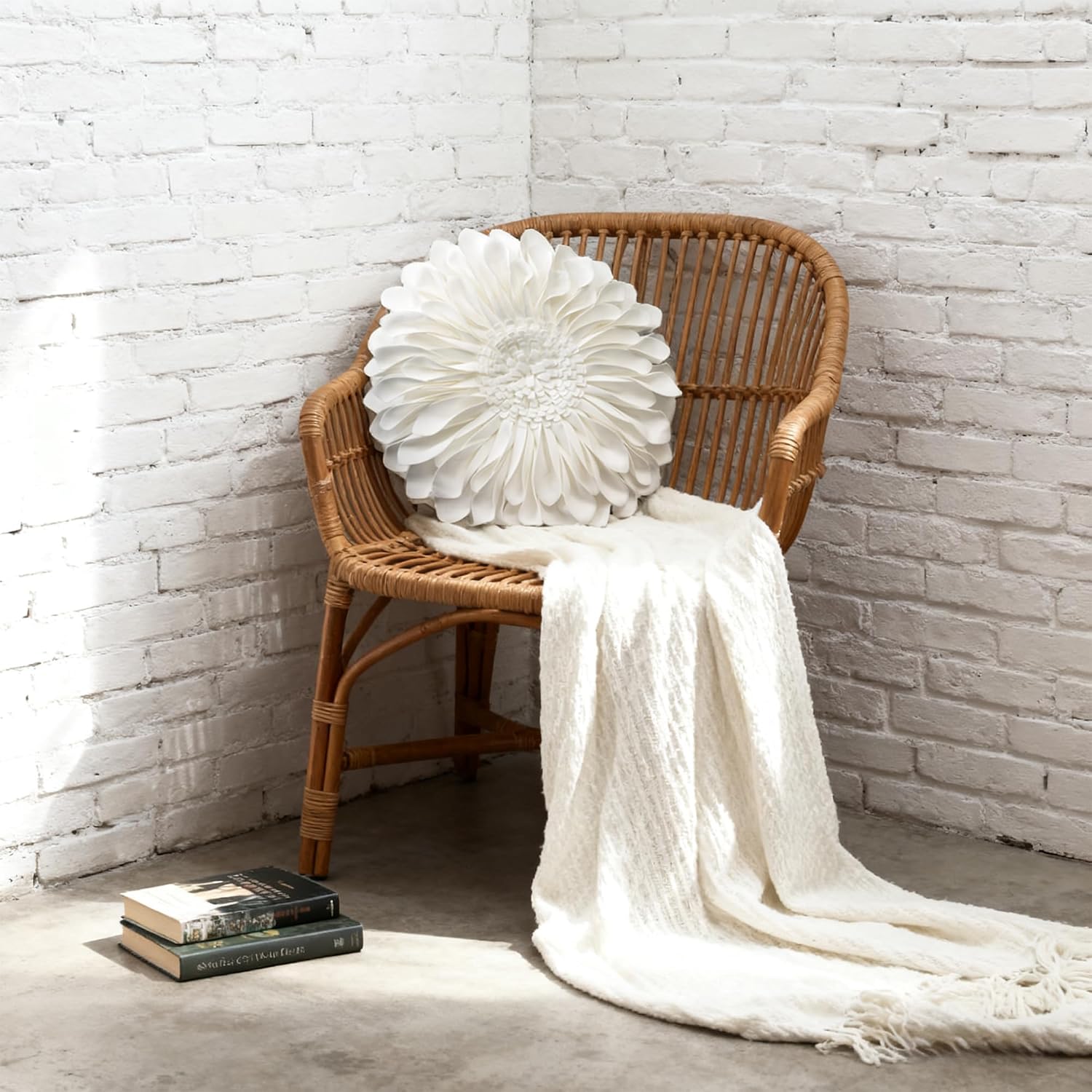 3D Flower Throw Pillow Covers Decorative Aesthetic Sunflower Accent Pillow Cases Handmade Pillowcase Round Cushion for Car Bedroom Bed Couch Chair with Insert White