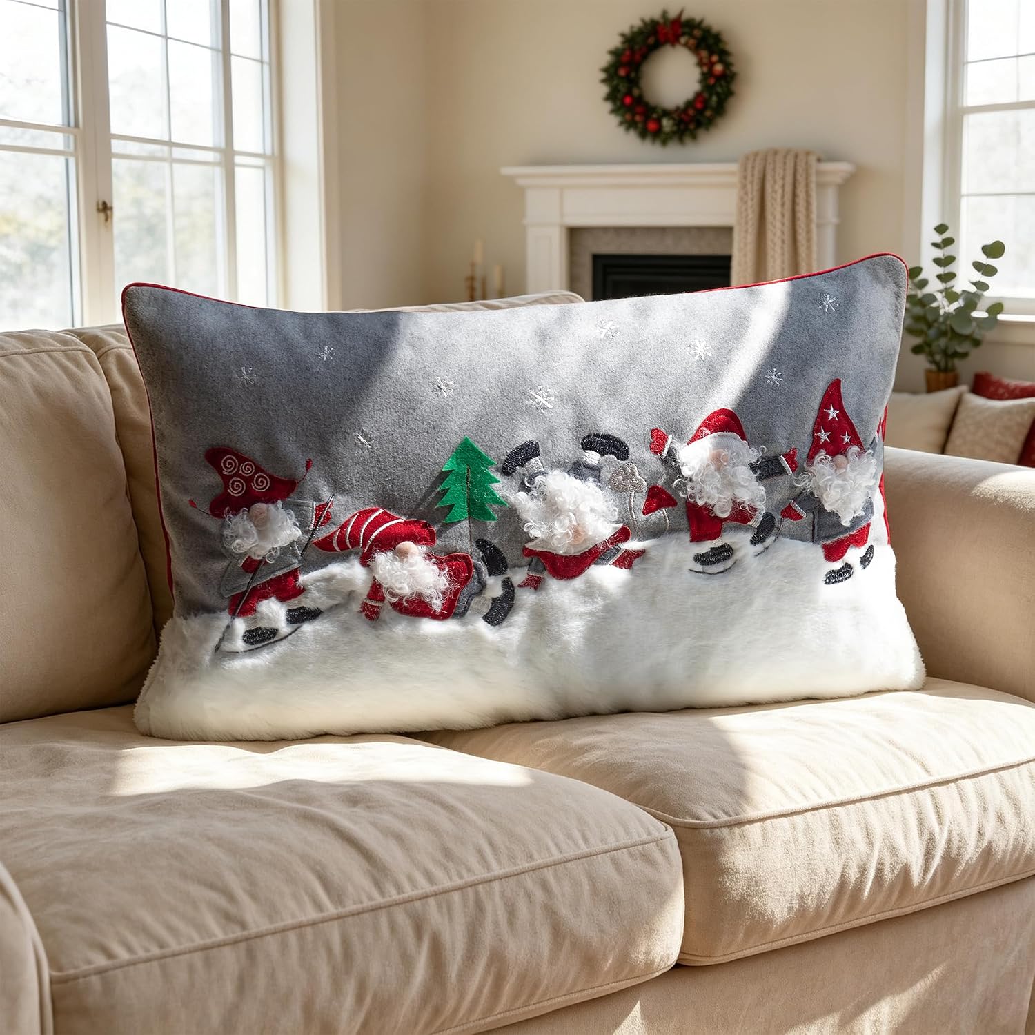 VG|5santa-gray|Decorative Christmas Santa Gnome Throw Pillow Cover Holiday Design