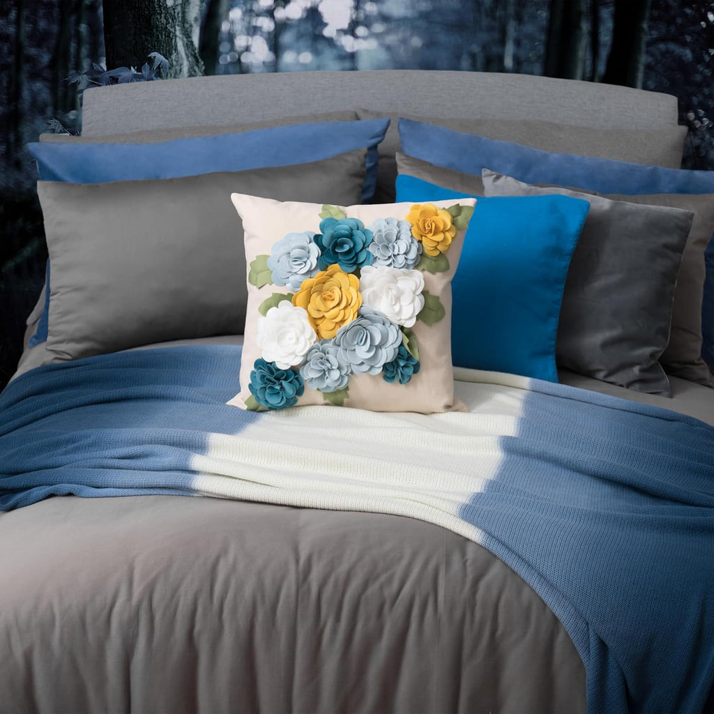 Handmade Decorative 3D Flower Throw Pillow Cover, Blue