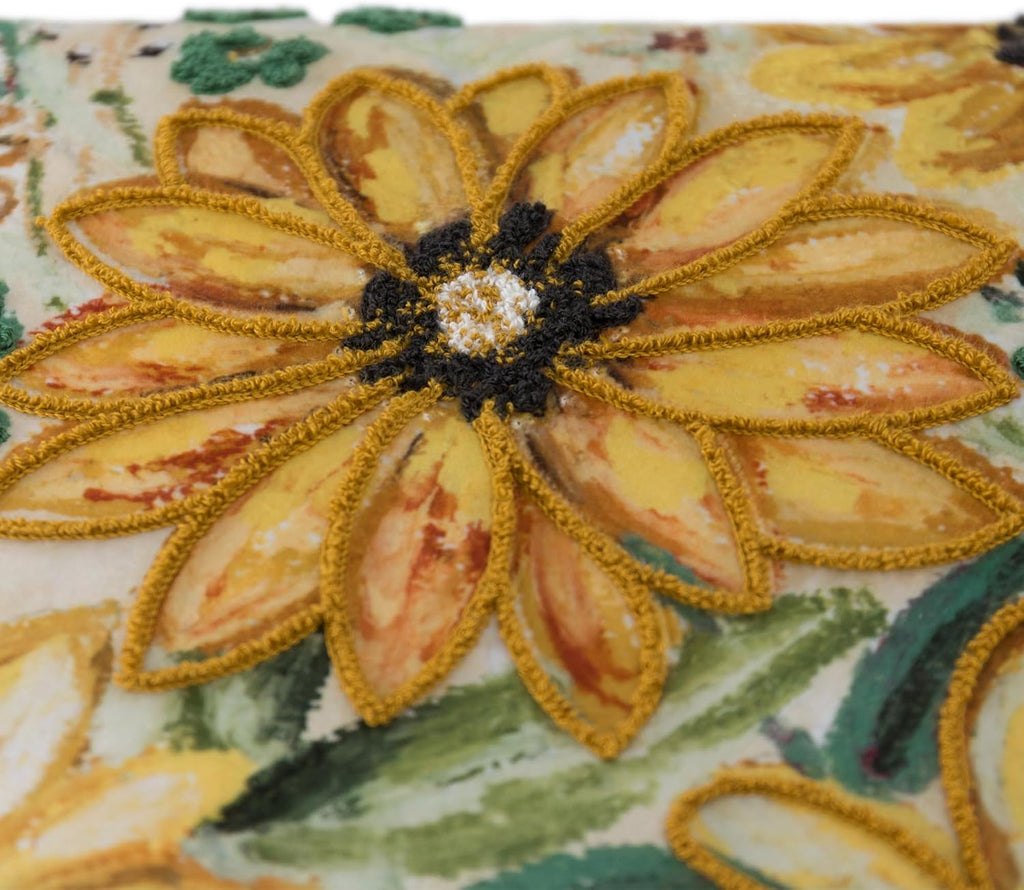 Velvet Throw Pillow Cover with Sunflower Design, Yellow and Green