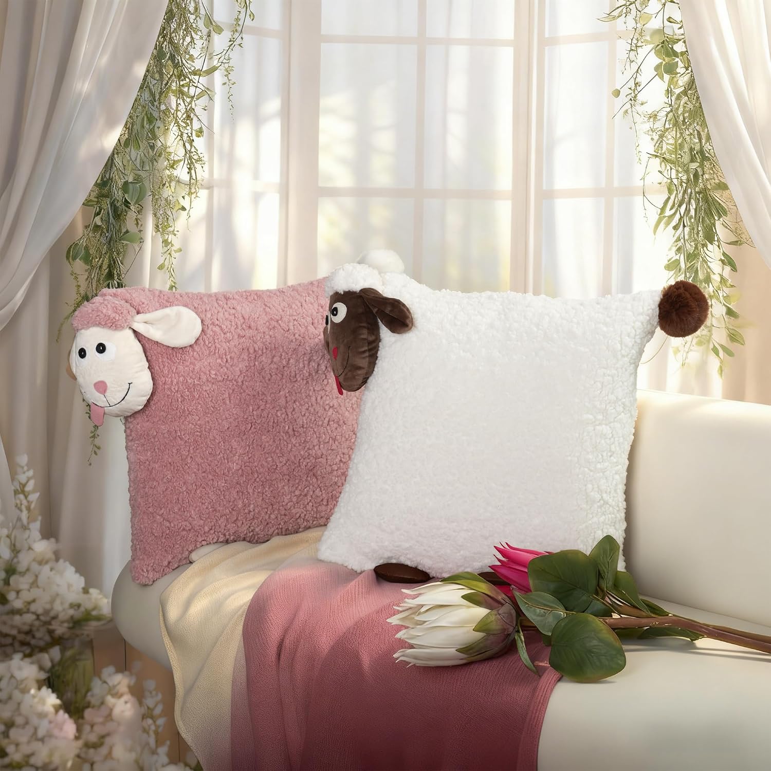 VG|beige|Faux Fur 3D Sheep Throw Pillow Cover