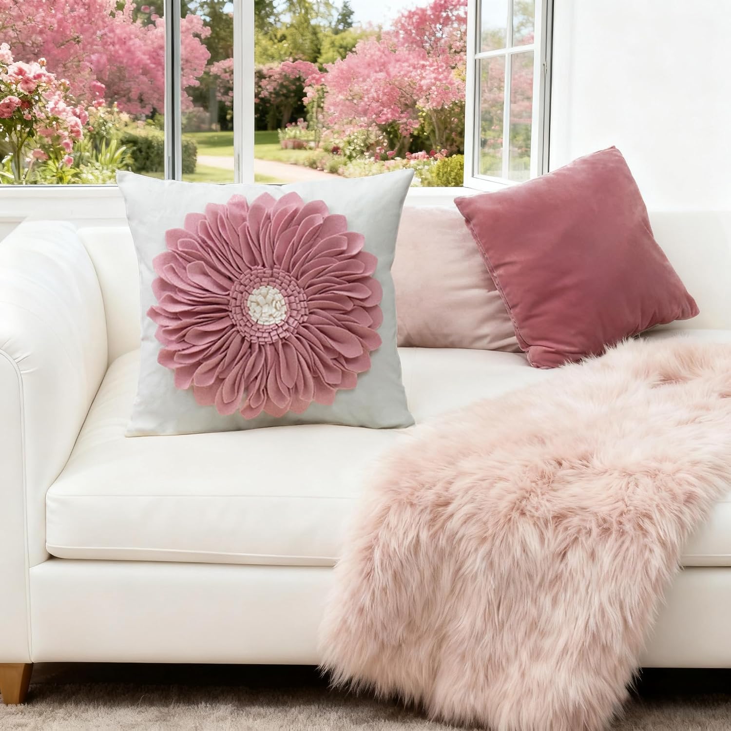 VG|pink-dark-pink-white-canvas|3D Sunflowers Throw Pillow Cover Wine Red