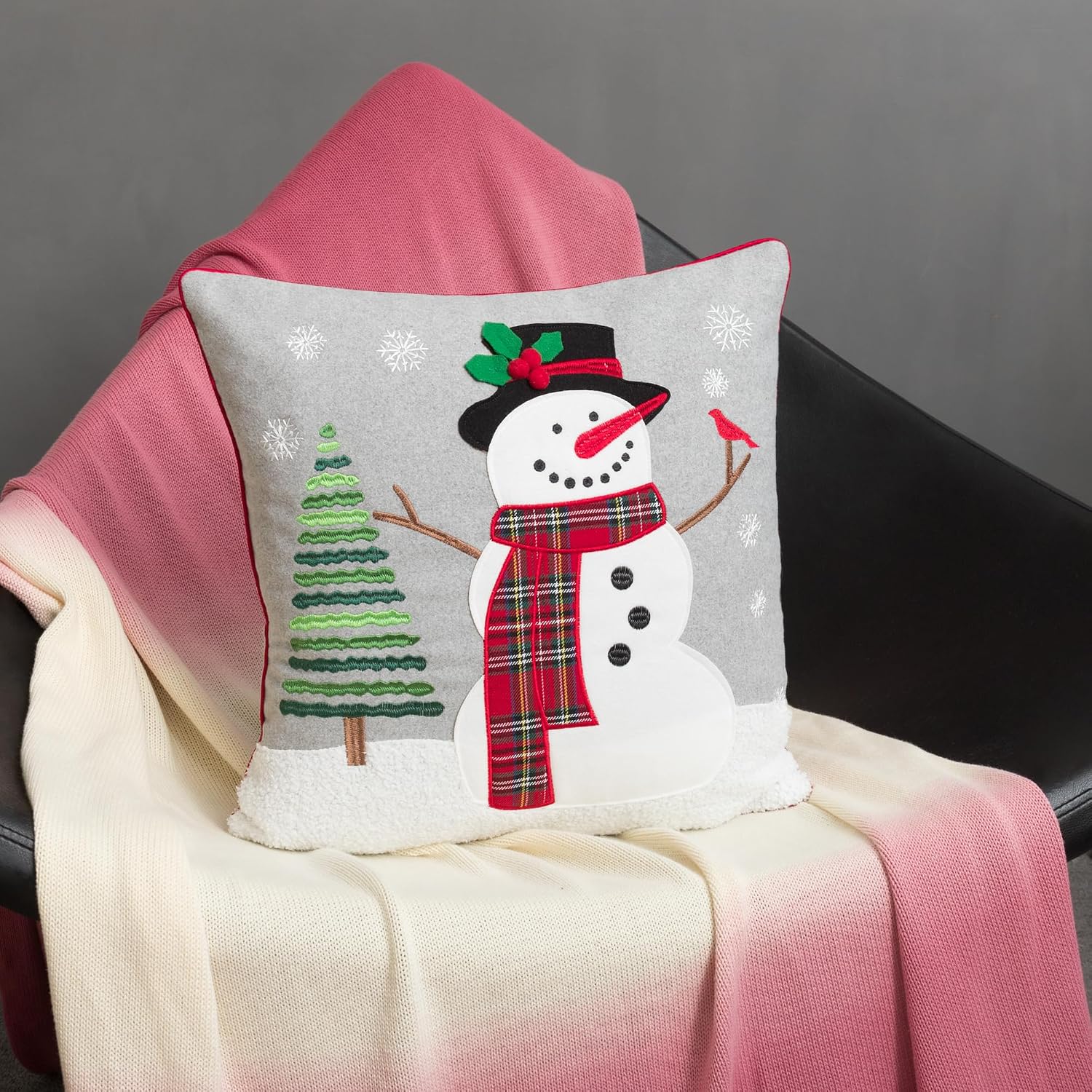 Decorative Embroidered Christmas Tree Applique Snowman Throw Pillow Cover