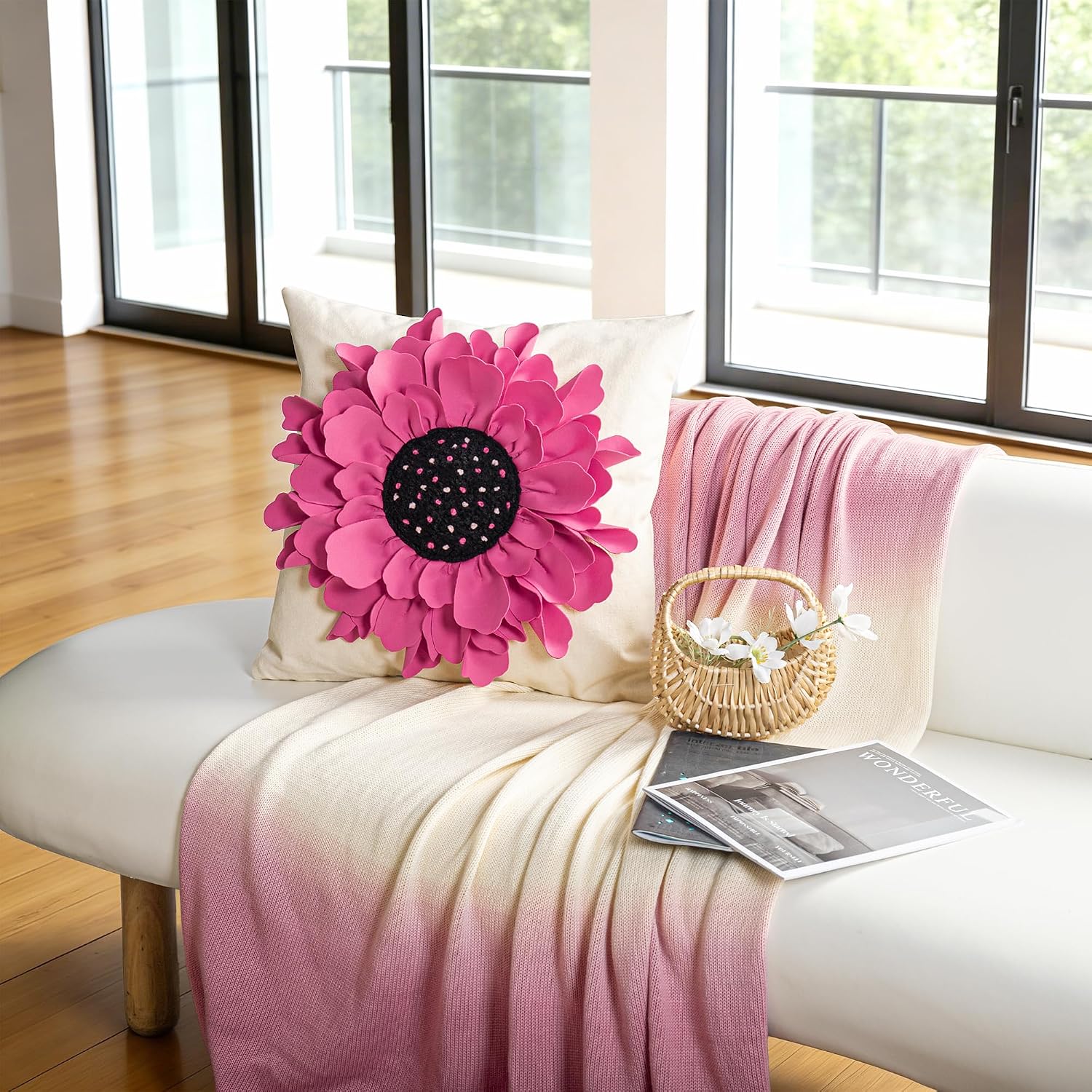 VG|hot-pink|Decorative 3D Flower Throw Pillow Cover Creamy