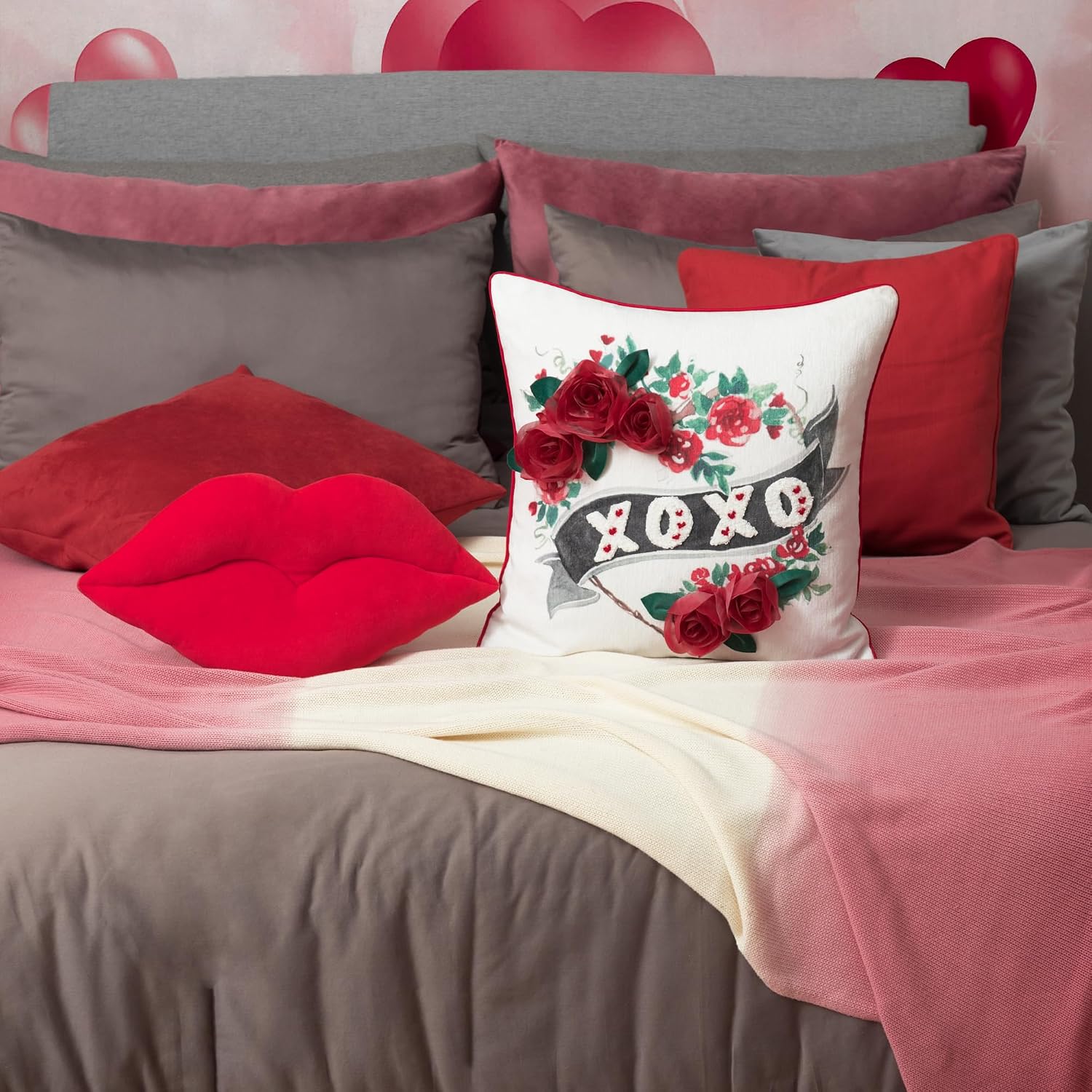 3D Rose Valentines Day Throw Pillow Cover Embroidery XOXO Cushion Cover Heart Holiday Decorative Pillow Case for Sofa Couch Bedroom Living Room Red
