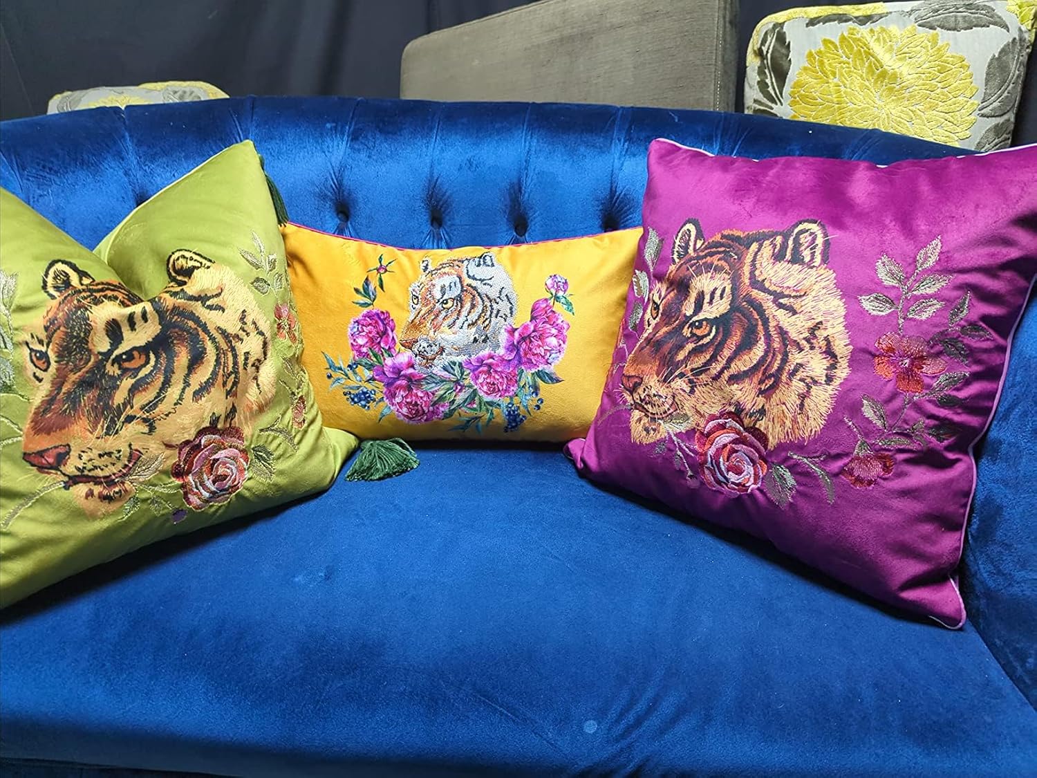 Tiger Velvet Throw Pillow Cover Decorative Flower Embroidered Accent Cushion Case Print Pillowcase for Bed Living Room Couch Bedroom Green Tassel