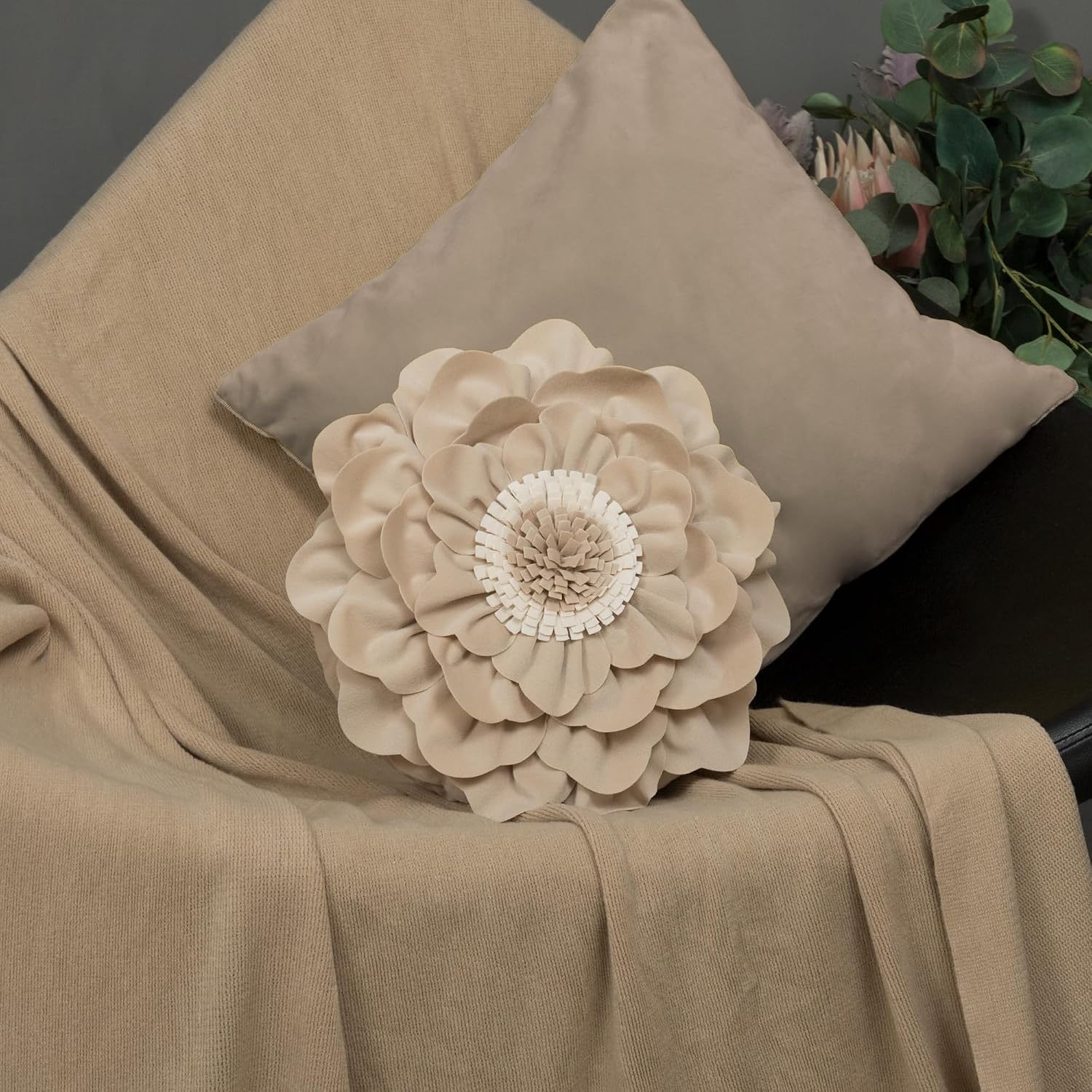VG|champagne|Flower Throw Pillow Cover Decorative Round Pillowcase Floral Cushion for Bed Sofa Couch Car Decor