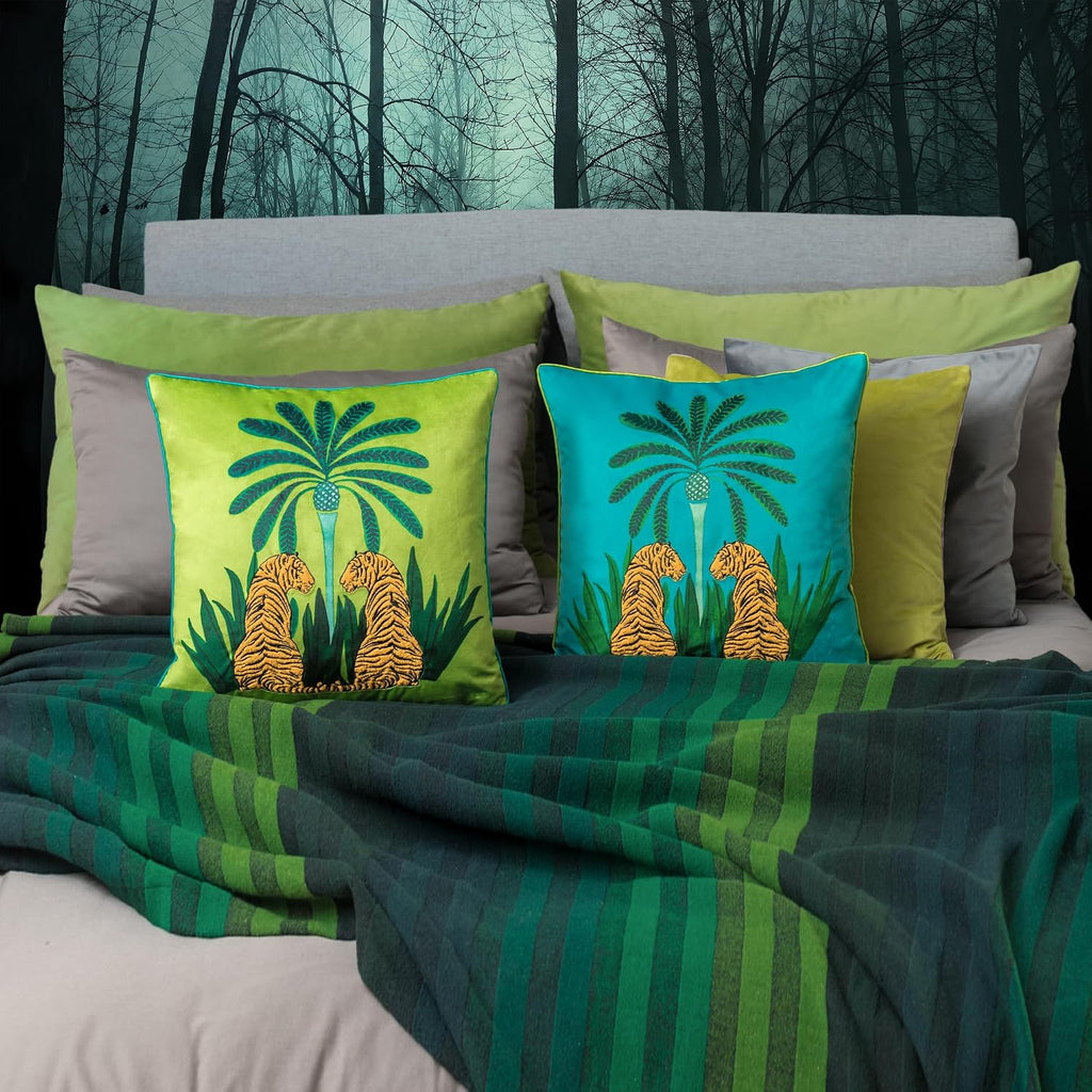 Decorative Tiger Embroidered Design Throw Pillow Cover Tropical Palm Pillowcase