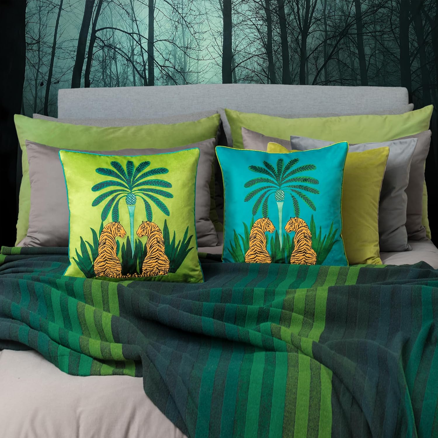 Decorative Tiger Embroidered Design Throw Pillow Cover Tropical Palm Pillowcase