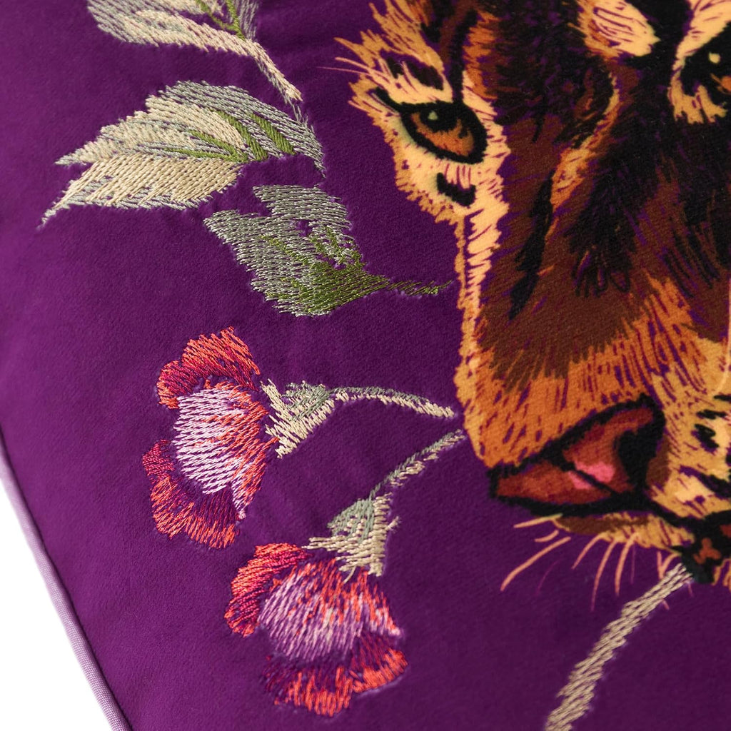Embroidered Tiger Throw Pillow Cover Decorative Rose Pink Floral Cushion Case Soft Velvet Pillowcase for Sofa Couch Bed Living Room Fuchsia Purple