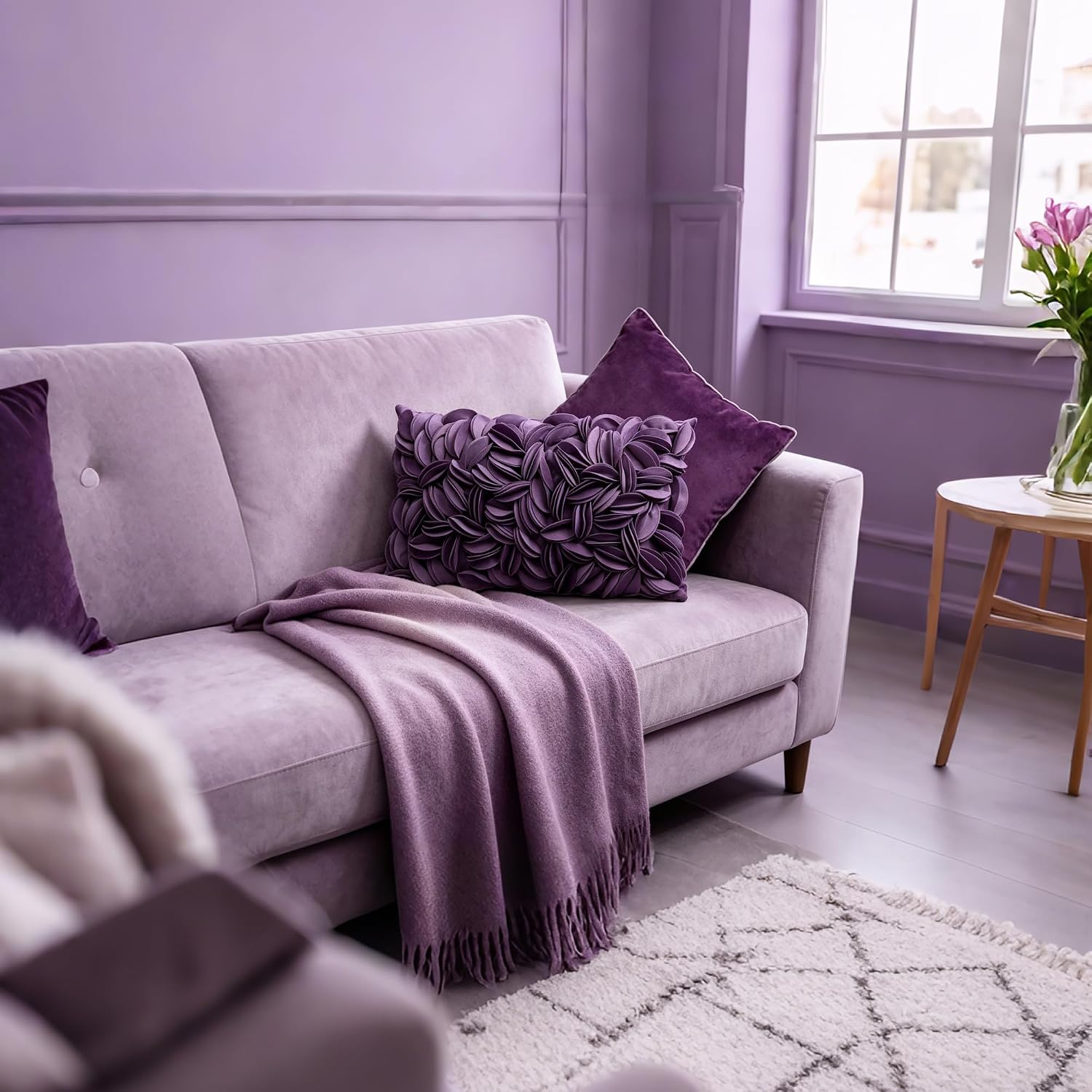 VG|purple-velvet|Handmade 3D Floral Throw Pillow Cover