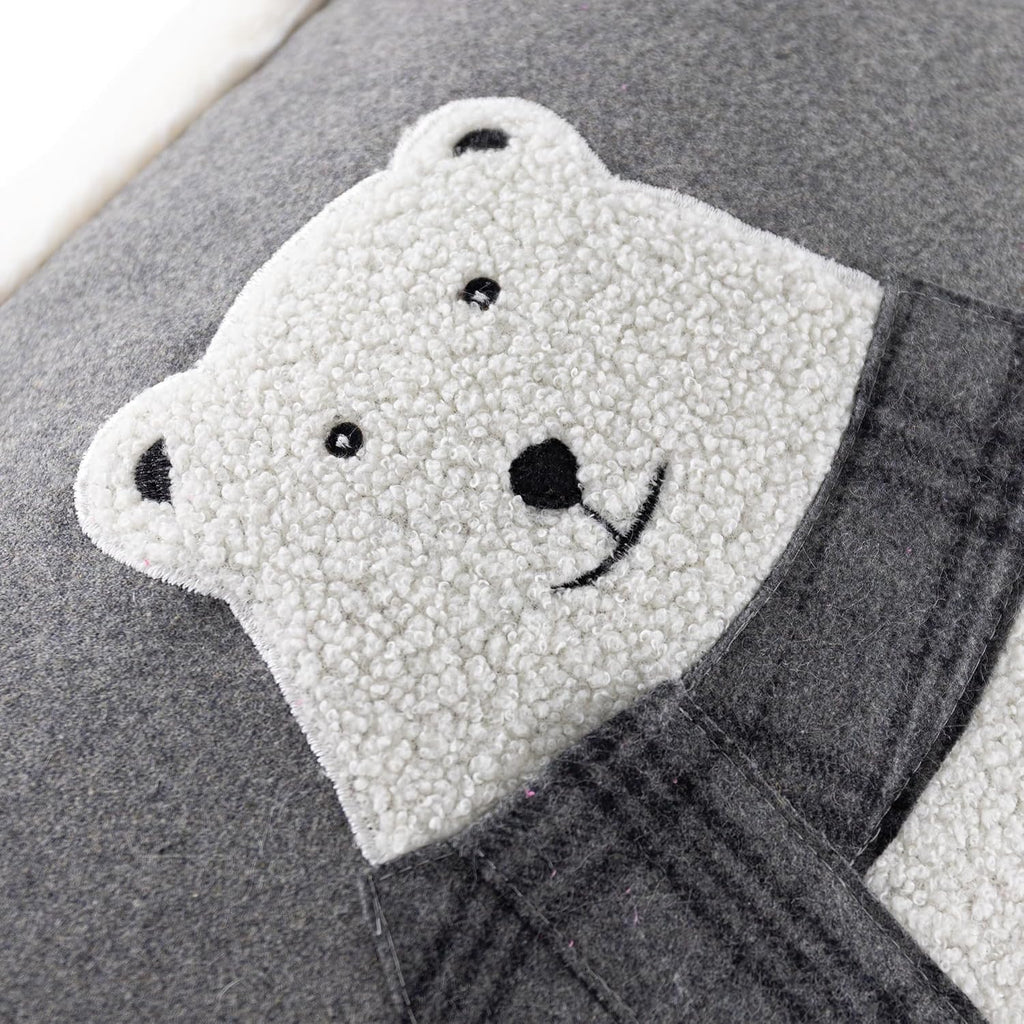 Applique Pocket Bear Throw Pillow Cover Grey Wool