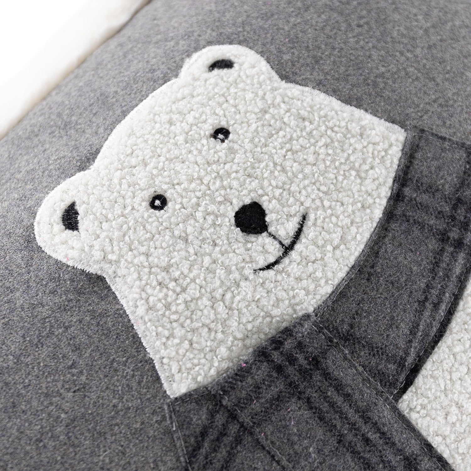 Applique Pocket Bear Throw Pillow Cover Grey Wool