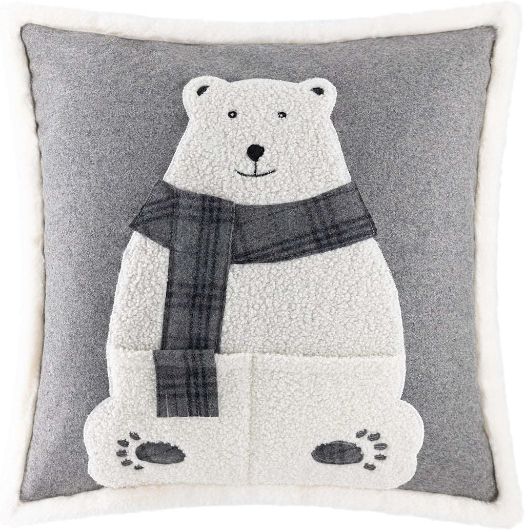 Applique Pocket Bear Throw Pillow Cover Grey Wool - Default Title
