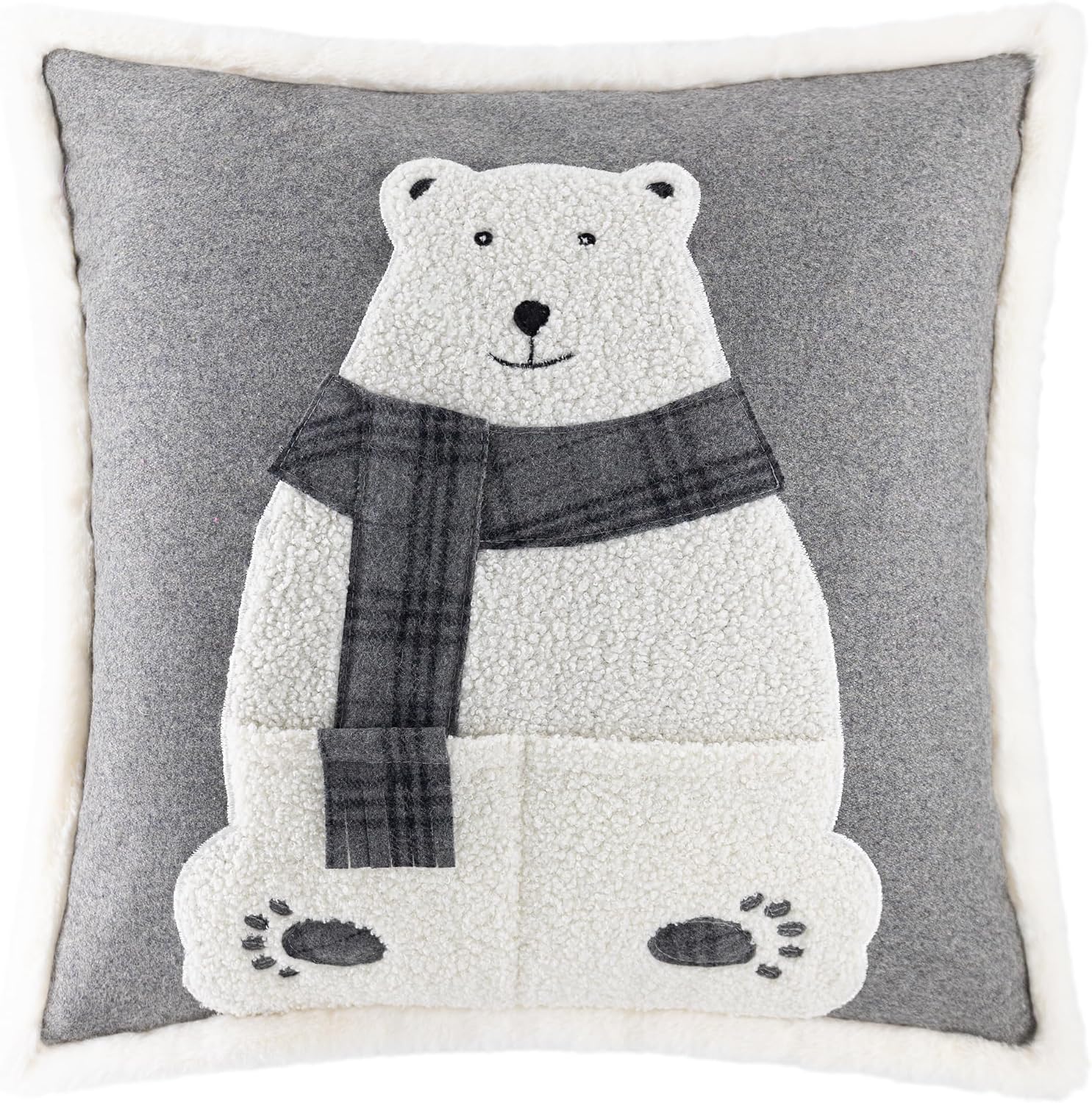 Applique Pocket Bear Throw Pillow Cover Grey Wool - Default Title