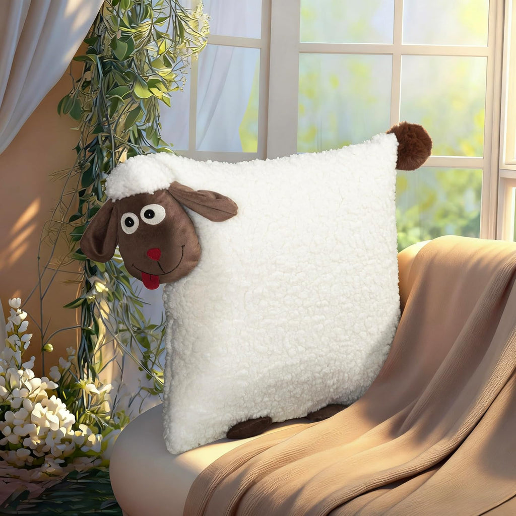 VG|beige|Faux Fur 3D Sheep Throw Pillow Cover