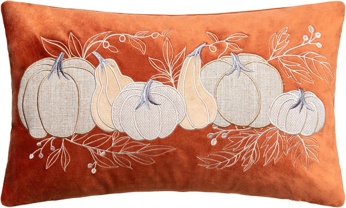 Fall Harvest Pumpkin Embroidered Throw Pillow Cover Velvet - 20" x 12" (Pack of 1)