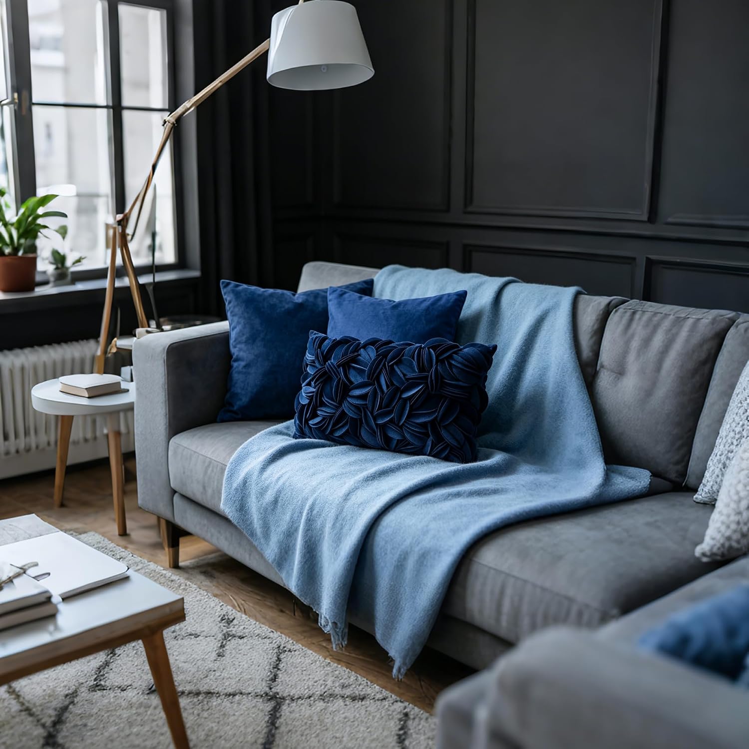 VG|navy-blue-persian-velvet|Handmade 3D Floral Throw Pillow Cover