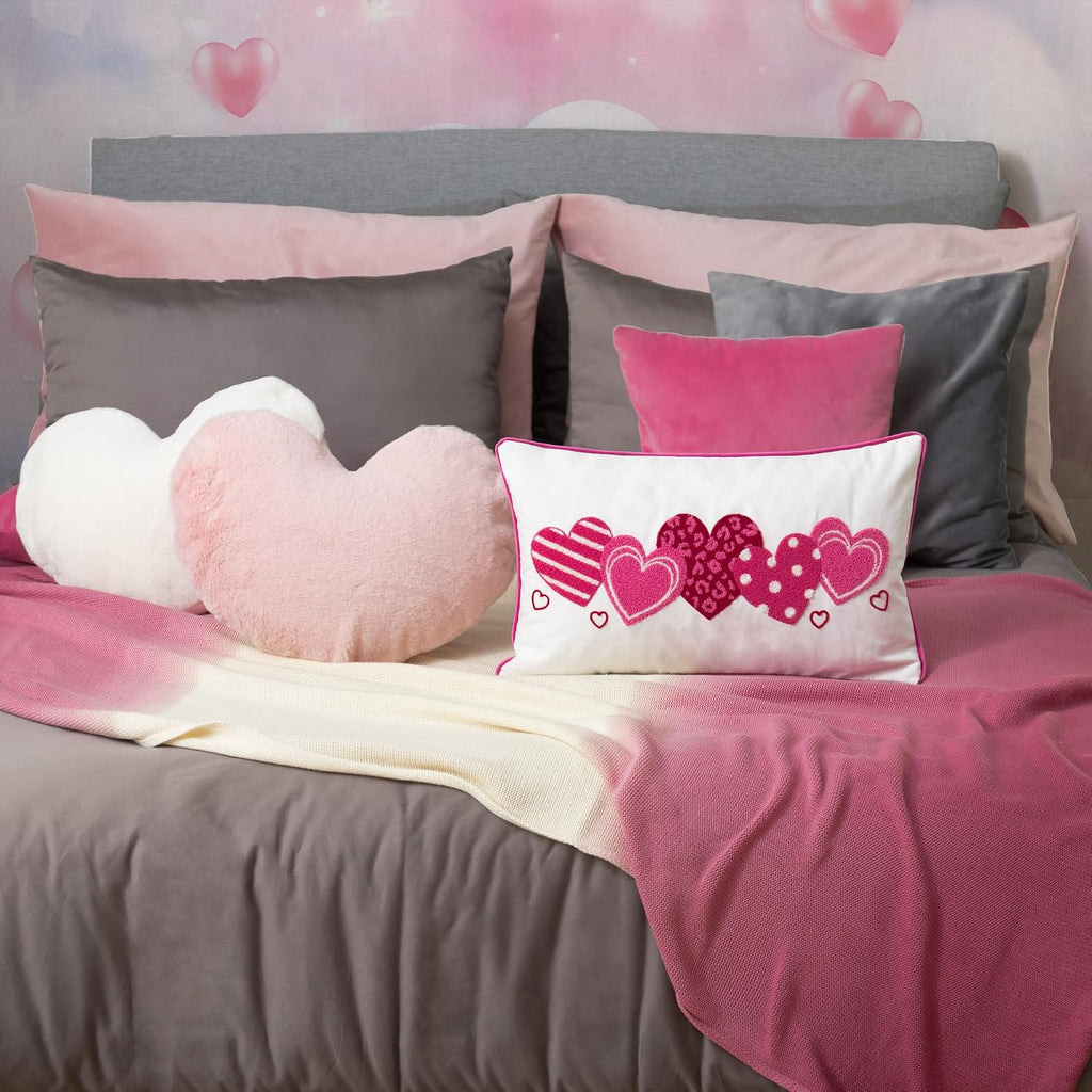 Canvas Throw Pillow Cover with Pink Hearts Embroidered Design for Living Room Couch Sofa Bed Aesthetic