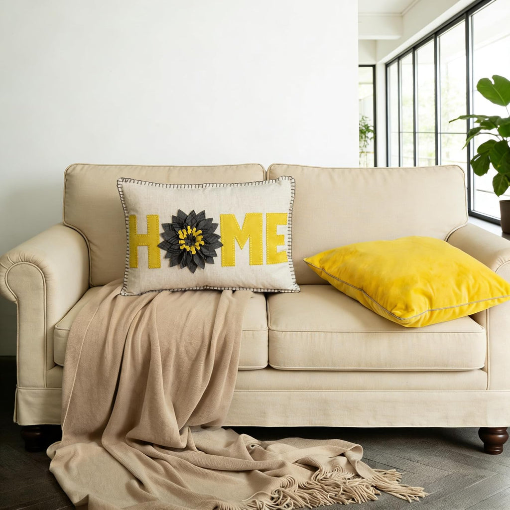 Home Flower Throw Pillow Cover, Beige Yellow Grey