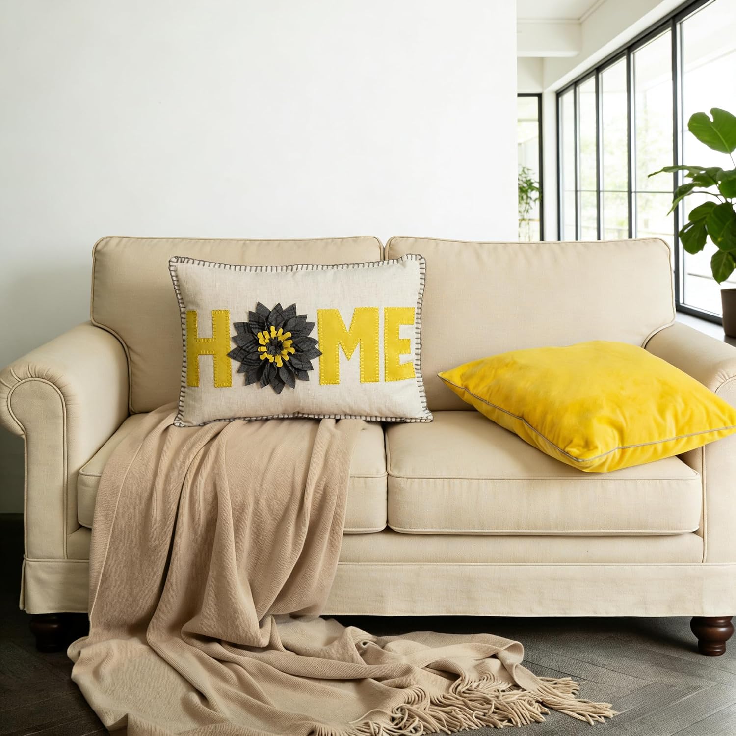 Home Flower Throw Pillow Cover, Beige Yellow Grey