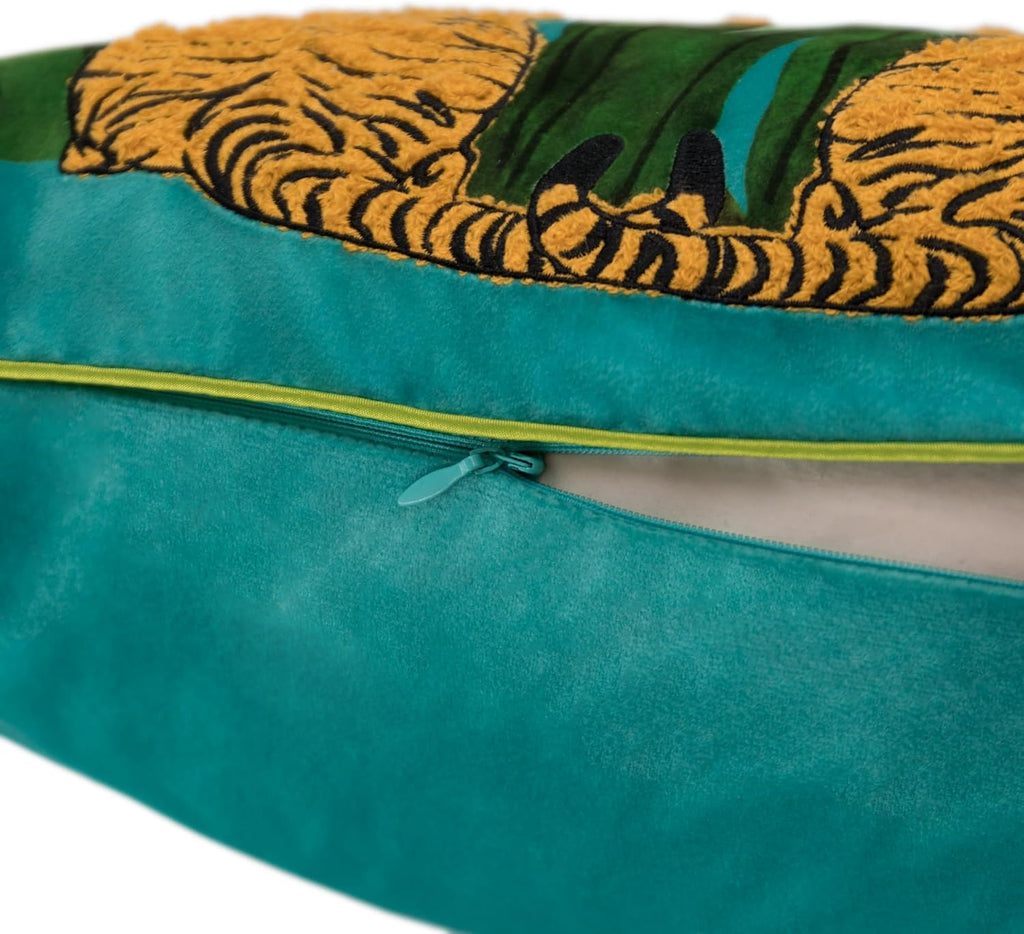 VG|blue|Decorative Tiger Embroidered Design Throw Pillow Cover Tropical Palm Pillowcase