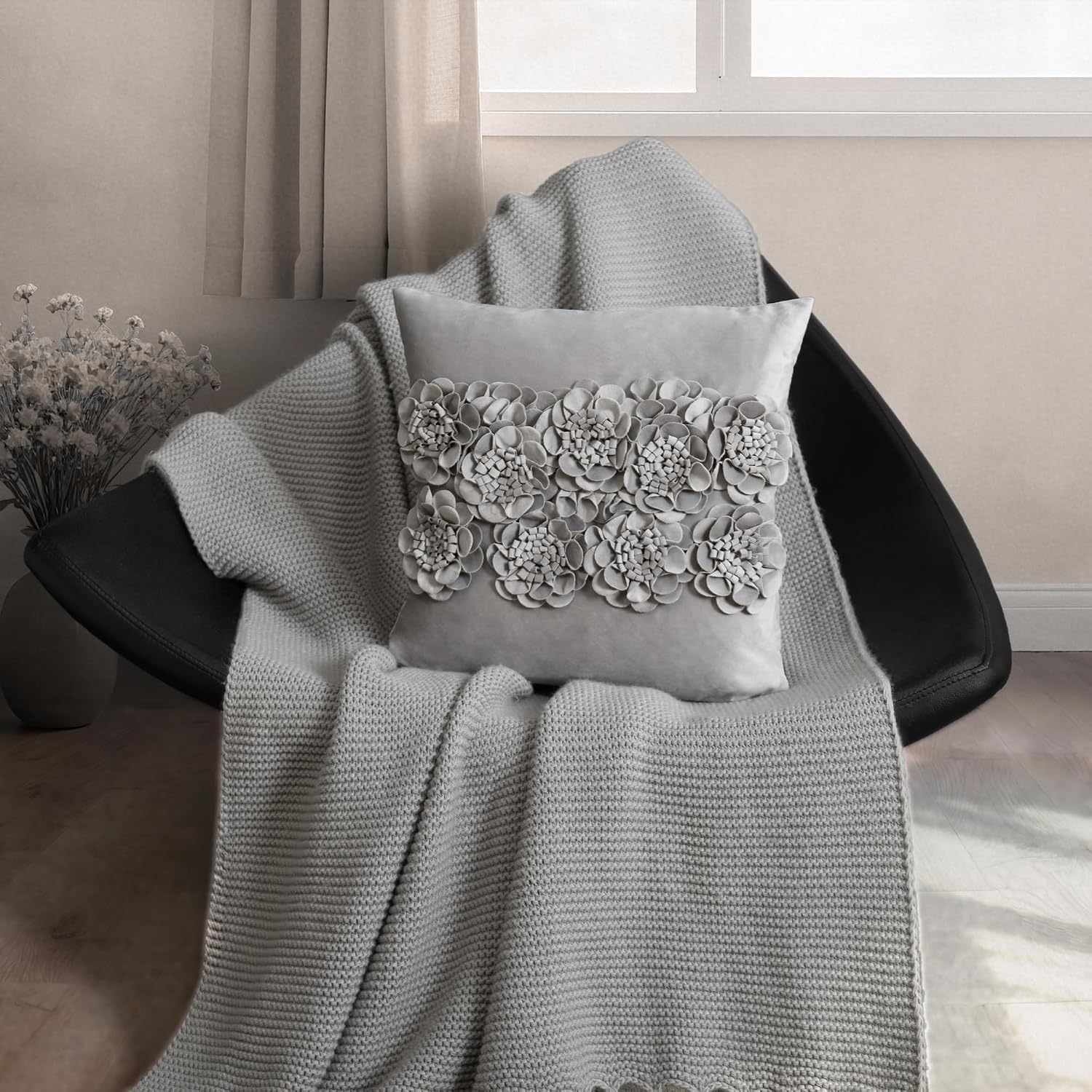 VG|gray|Handmade 3D Flower Throw Pillow Cover