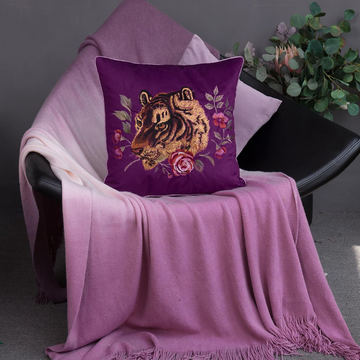 Embroidered Tiger Throw Pillow Cover Decorative Rose Pink Floral Cushion Case Soft Velvet Pillowcase for Sofa Couch Bed Living Room Fuchsia Purple