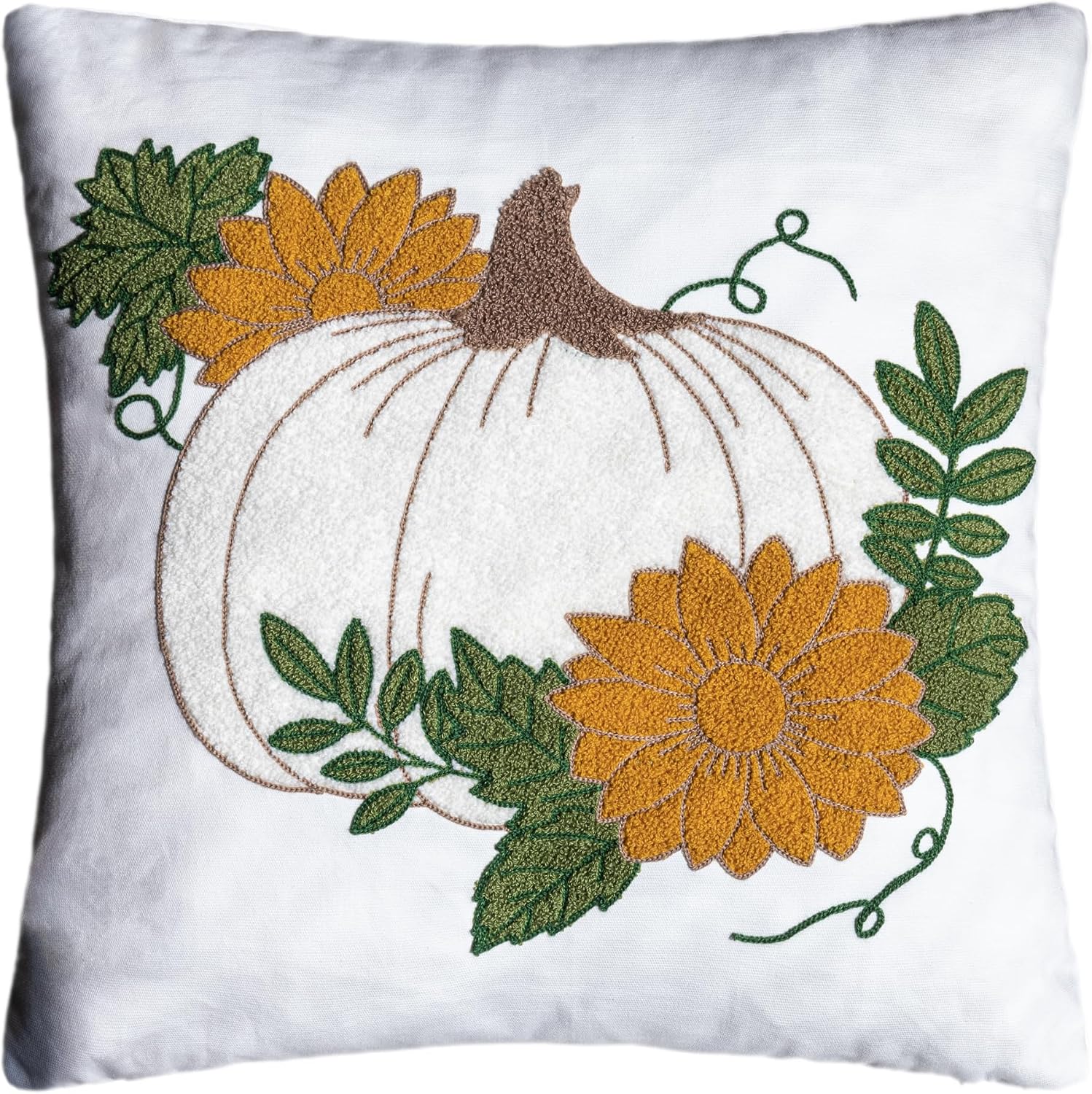Fall Floral Pumpkin Embroidered Throw Pillow Cover - White