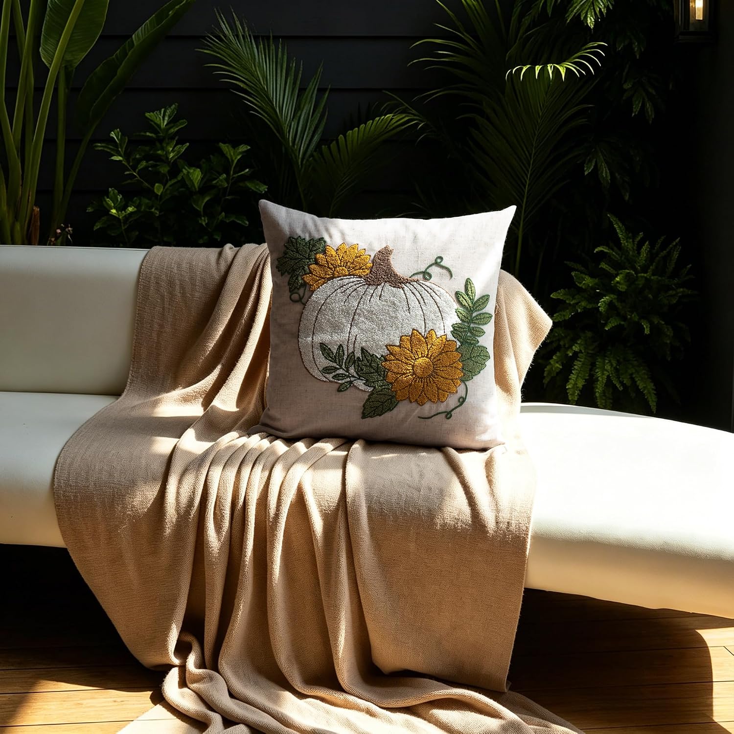 VG|beige|Fall Floral Pumpkin Embroidered Throw Pillow Cover