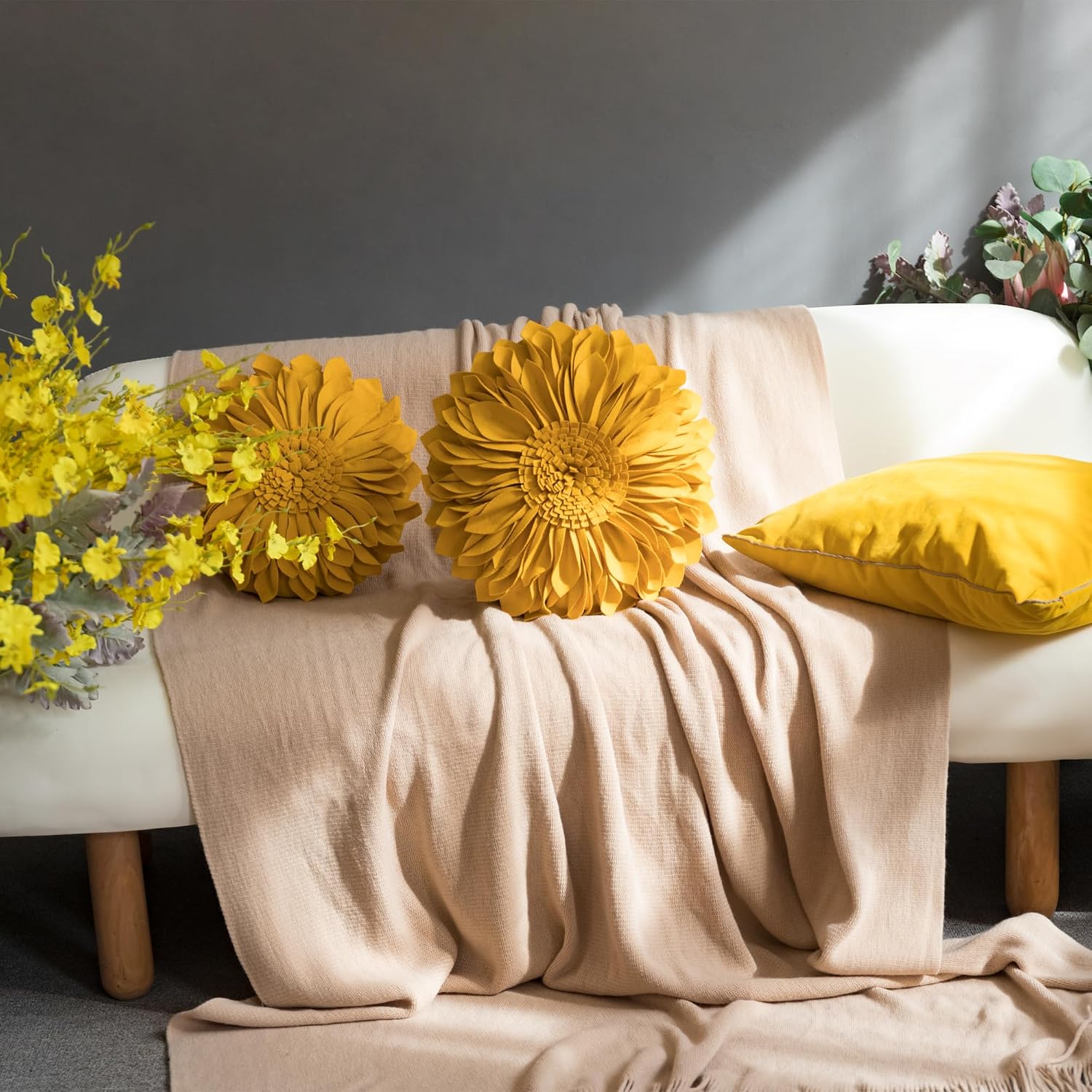 3D Sunflower Throw Pillow Cover, Gold Yellow