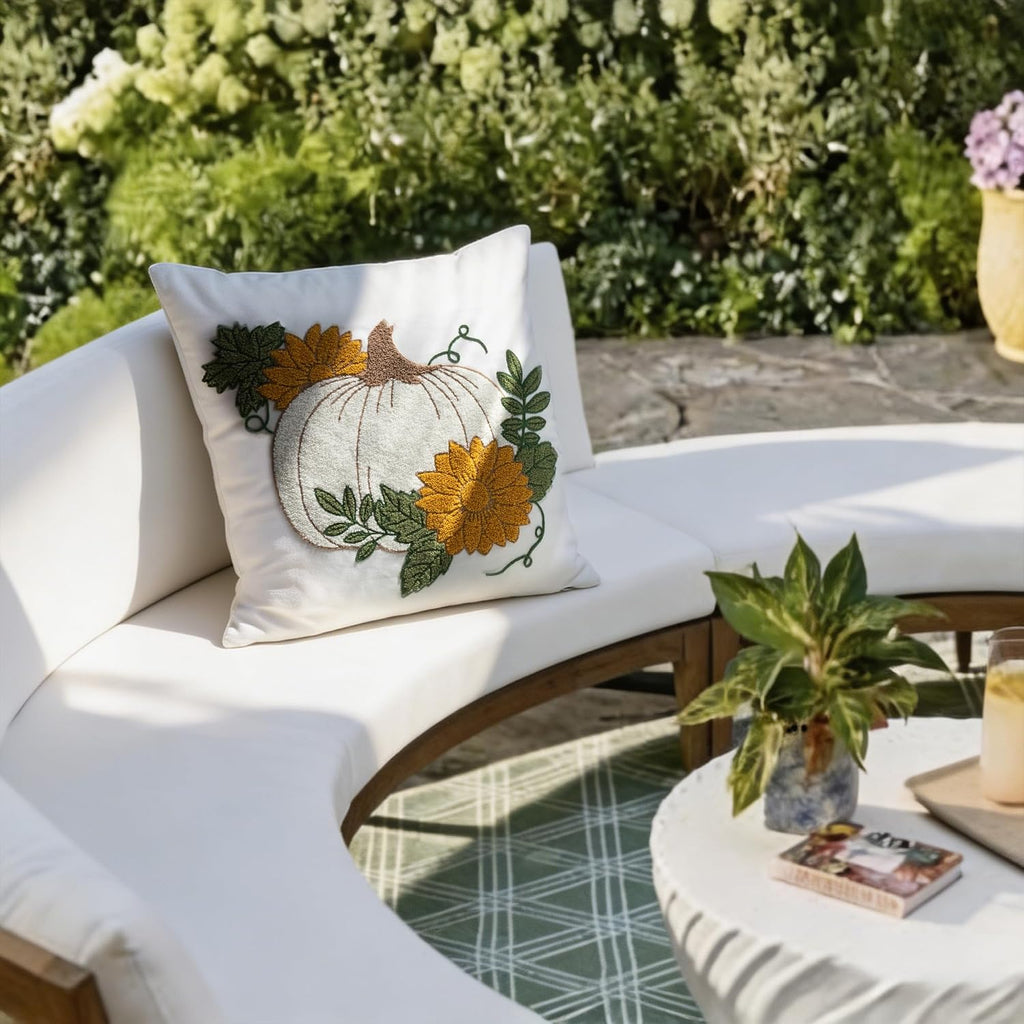 Fall Floral Pumpkin Embroidered Throw Pillow Cover