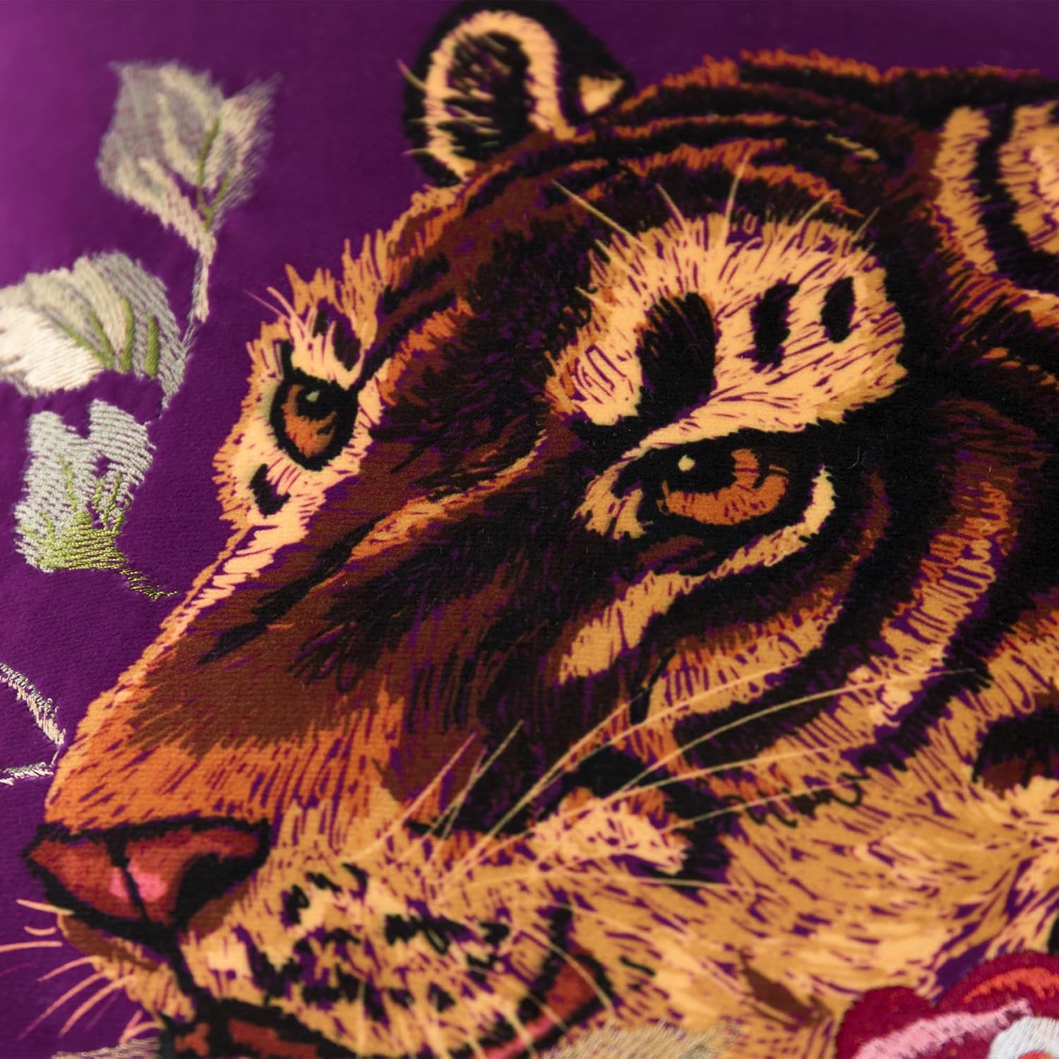 Embroidered Tiger Throw Pillow Cover Decorative Rose Pink Floral Cushion Case Soft Velvet Pillowcase for Sofa Couch Bed Living Room Fuchsia Purple