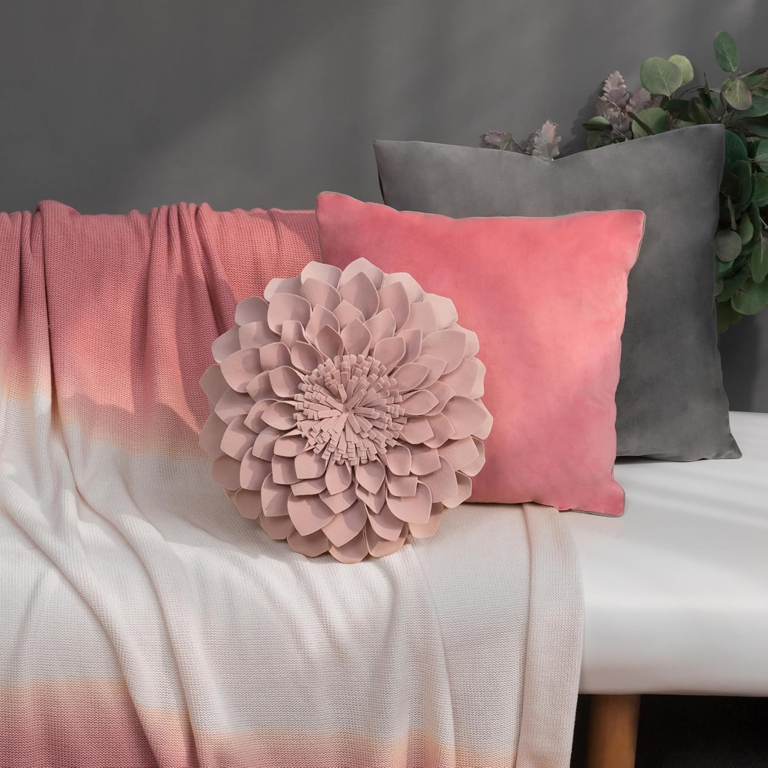 VG|rose-gold-pink|3D Flower Throw Pillow Cover Decorative Round Cushion Floral Accent Pillowcase for Bedroom Living Room Bed Couch Pink Velvet