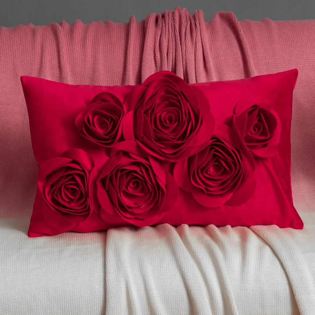 VG|red|3D Flowers Throw Pillow Cover Decorative Soft Velvet Accent Floral Cushion Lumbar Pillowcase for Bed Sofa Couch Living Room