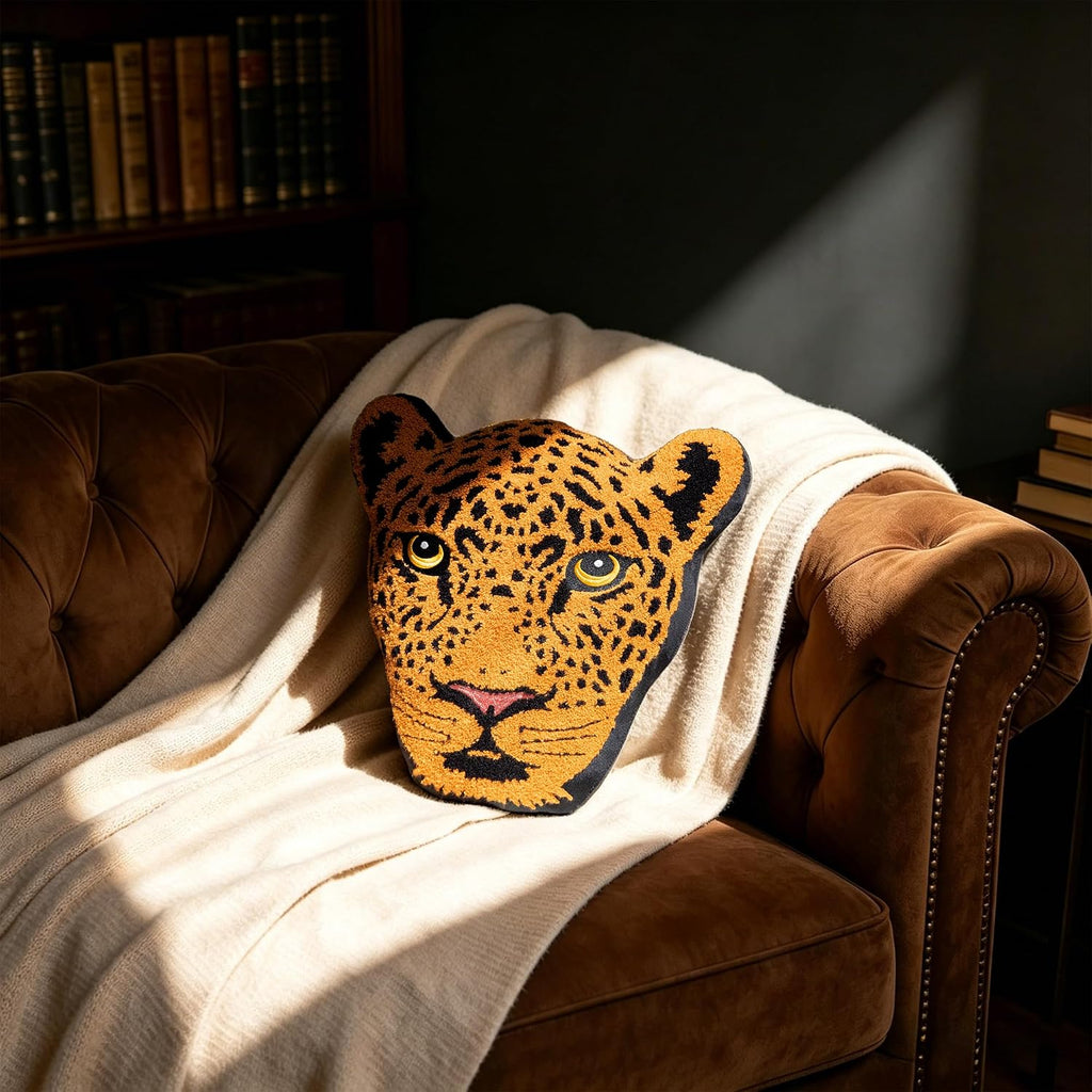 3D Leopard Face Shaped Throw Pillow, Embroidered Animal Decorative Cushion
