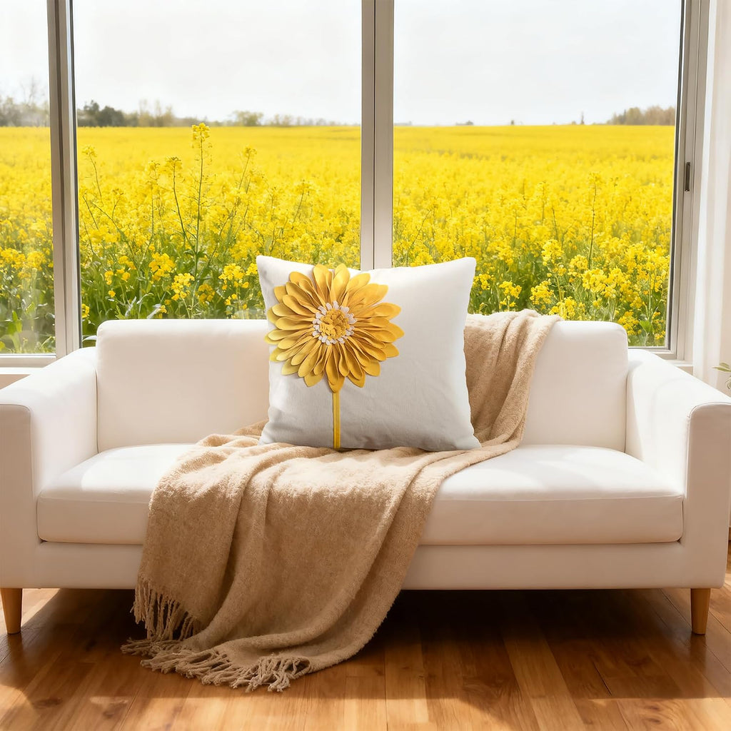 VG|yellow|Decorative Flower Throw Pillow Cover 3D Sunflower Pillow Case Velvet Cushion Floral Pillowcase for Bed Living Room Couch Chair