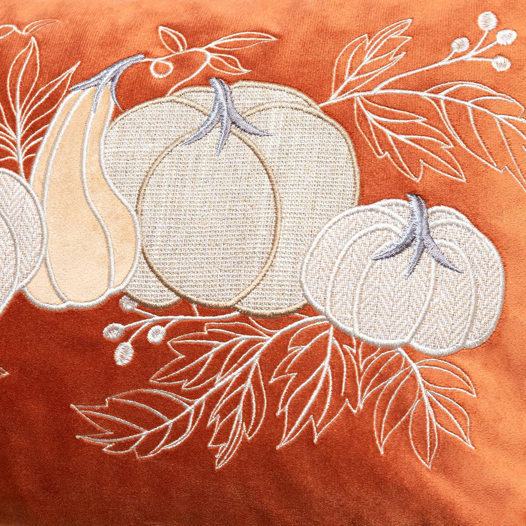 Fall Harvest Pumpkin Embroidered Throw Pillow Cover Velvet