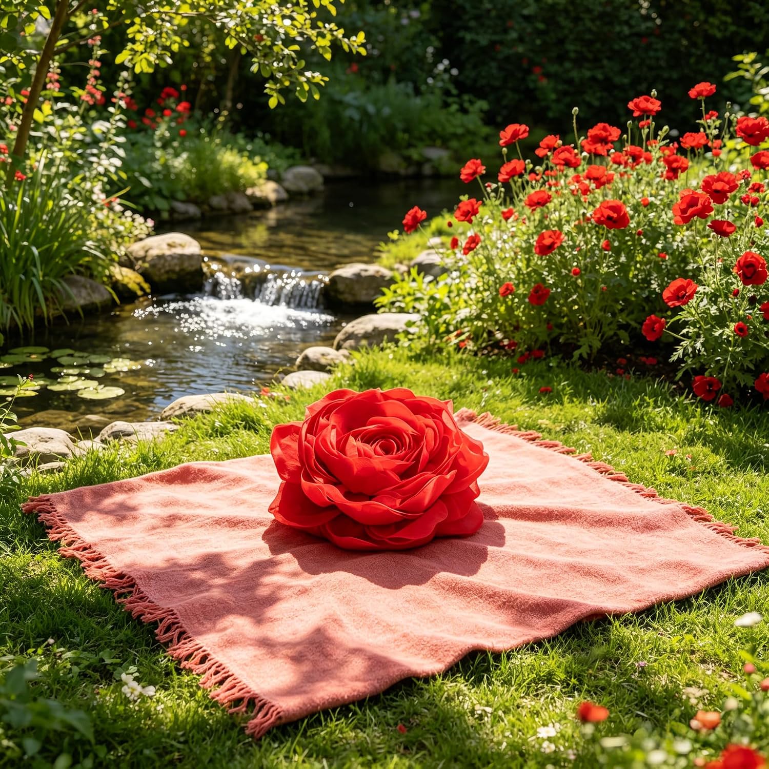 VG|red|3D Flower Throw Pillow Cover