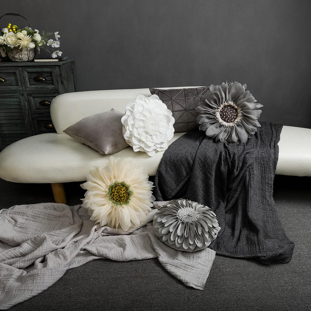 VG|creamy-white|Flower Throw Pillow Cover Decorative Round Pillowcase Floral Cushion for Bed Sofa Couch Car Decor