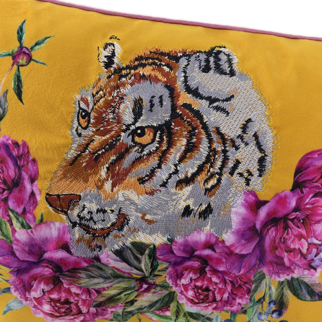Yellow Tiger Pillow Covers Decorative Flower Embroidered Throw Pillow Colorful Accent Pillow Case Velvet Cushion Luxury Pillowcase for Bed Couch Bedroom Office Decor