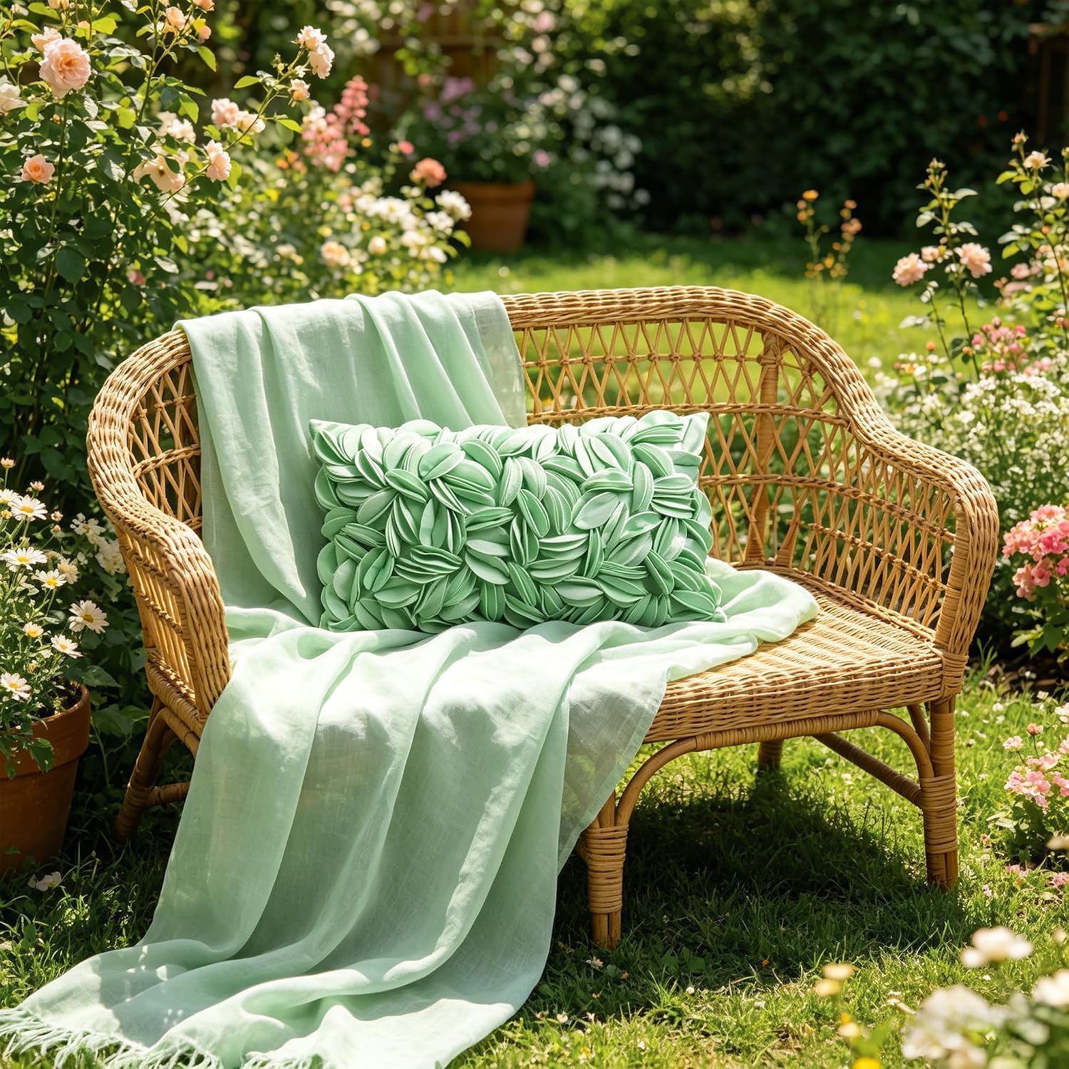 VG|mint-green-solid-suede|Handmade 3D Floral Throw Pillow Cover