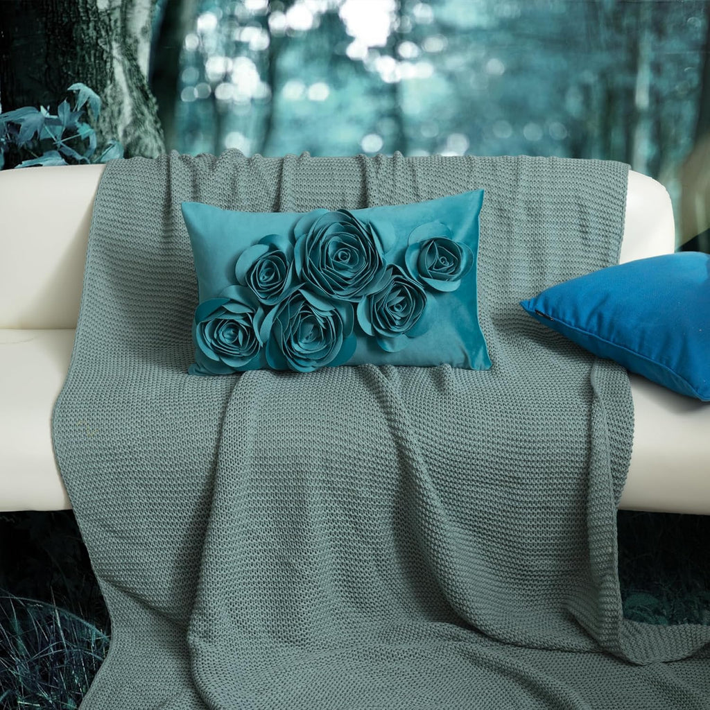 VG|turquoise|3D Flowers Throw Pillow Cover Decorative Soft Velvet Accent Floral Cushion Lumbar Pillowcase for Bed Sofa Couch Living Room