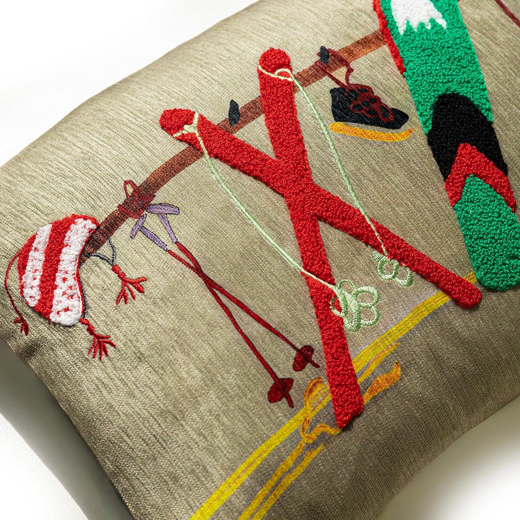 Ski Theme Chenille Throw Pillow Cover